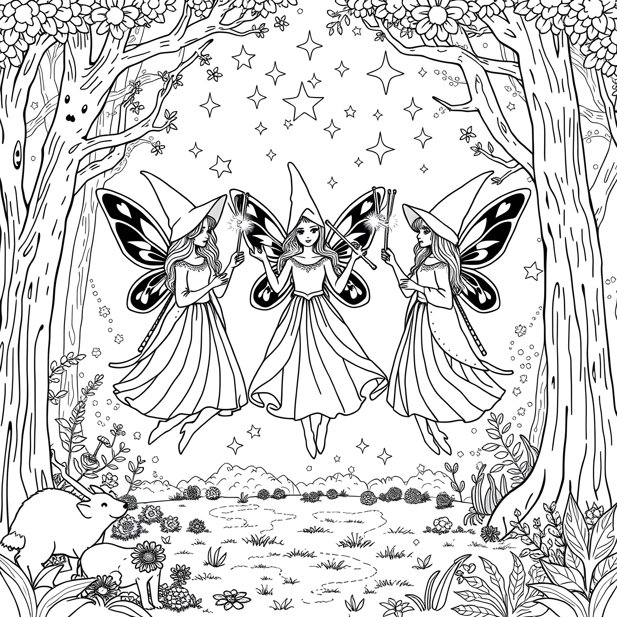 Fairy Godmother's Enchanted Forest Celebration Coloring Page (free black-and-white line drawing printable PDF for all, from beginners to advanced learners, including children, teens, adults, and seniors)