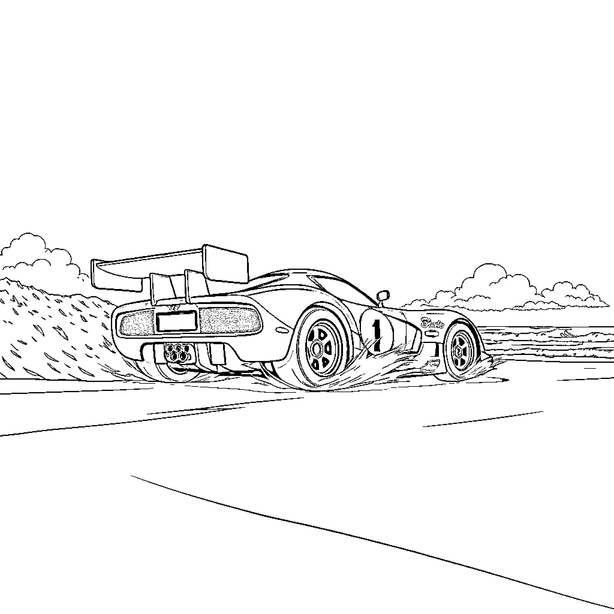 Race Car Speeding on Coastal Road Coloring Page (free black-and-white line drawing printable PDF for all, from beginners to advanced learners, including children, teens, adults, and seniors)