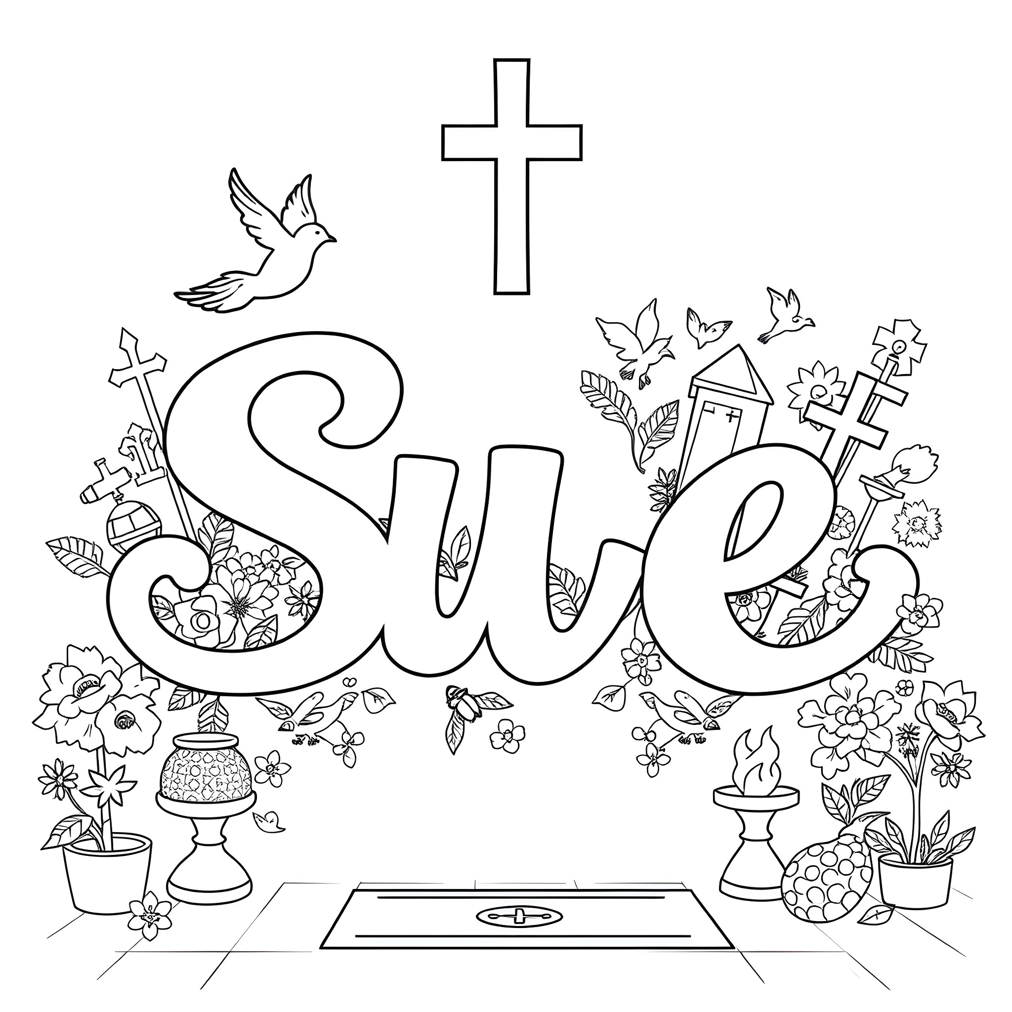 Sue's Religious Themed Illustration Coloring Page (free black-and-white line drawing printable PDF for all, from beginners to advanced learners, including children, teens, adults, and seniors)