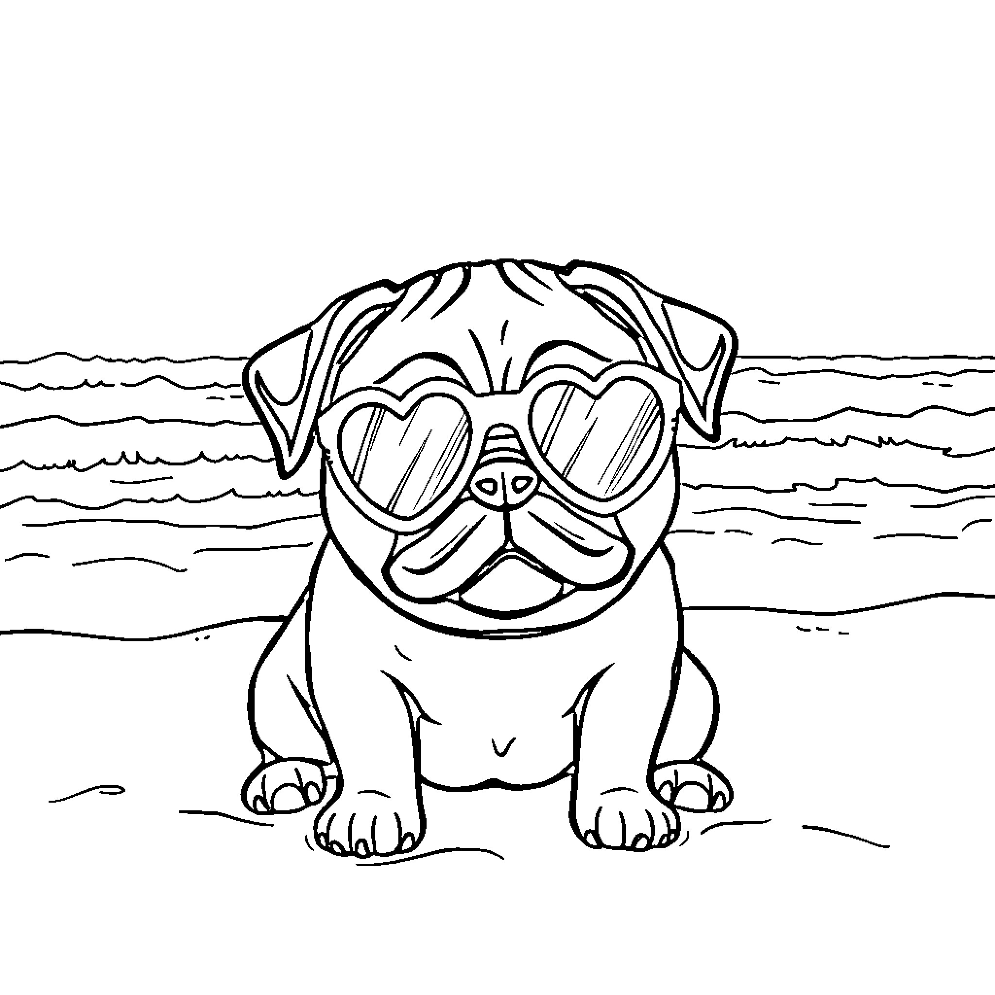Pug in Sunglasses Relaxing on the Beach Coloring Page (free black-and-white line drawing printable PDF for all, from beginners to advanced learners, including children, teens, adults, and seniors)