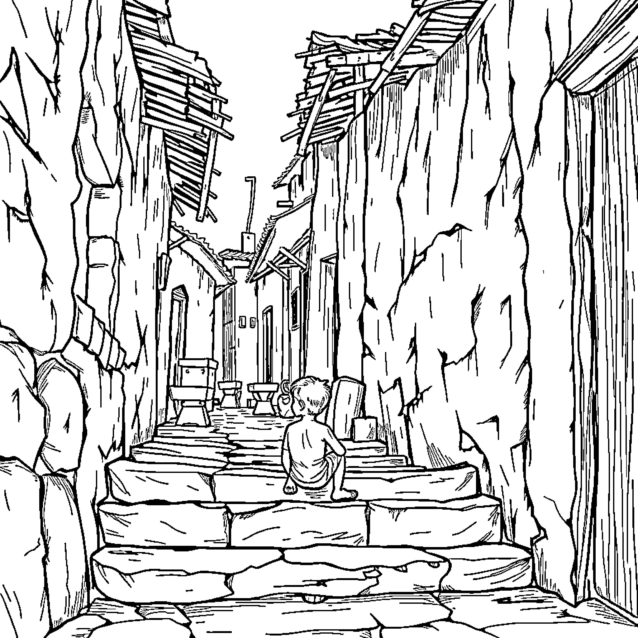 Boy exploring old abandoned alley Coloring Page (free black-and-white line drawing printable PDF for all, from beginners to advanced learners, including children, teens, adults, and seniors)