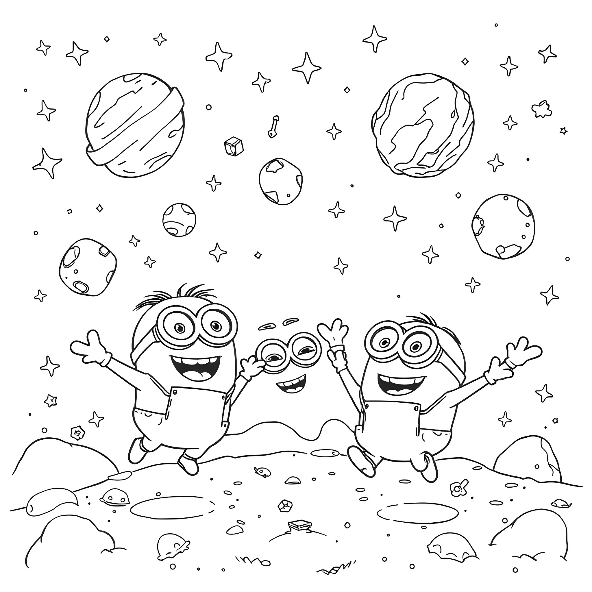 Minion astronauts exploring the galaxy Coloring Page (free black-and-white line drawing printable PDF for all, from beginners to advanced learners, including children, teens, adults, and seniors)