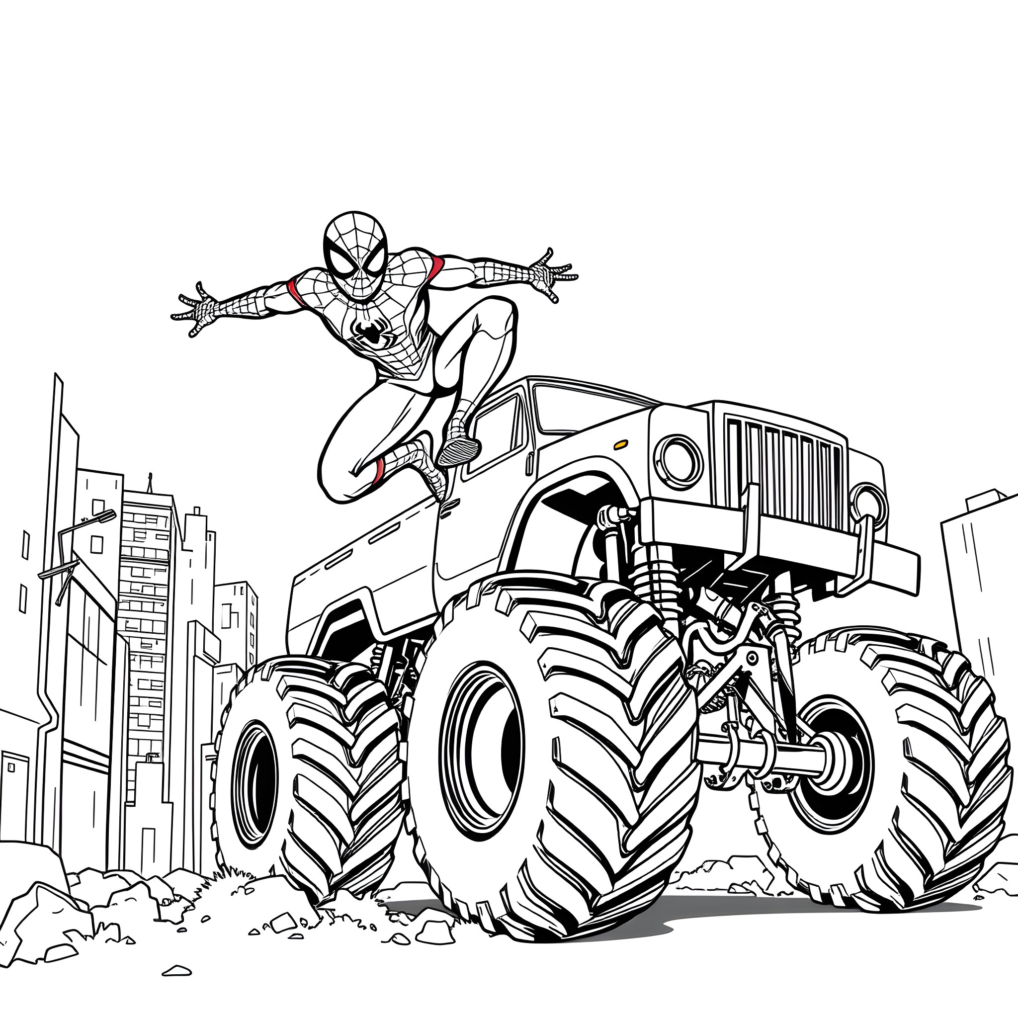 Spiderman swinging through the city on a monster truck Coloring Page (free black-and-white line drawing printable PDF for all, from beginners to advanced learners, including children, teens, adults, and seniors)