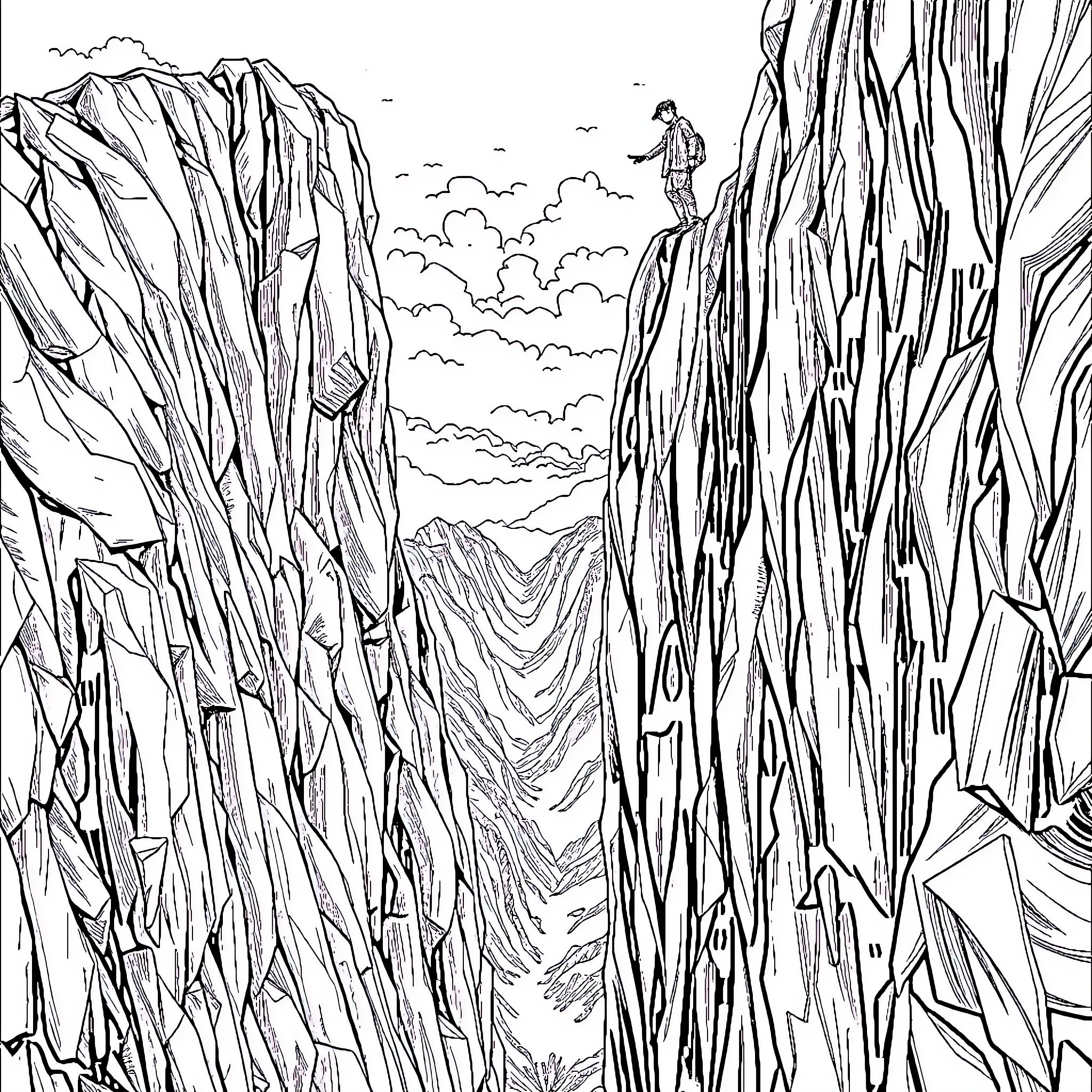 Woman navigating treacherous mountain terrain Coloring Page (free black-and-white line drawing printable PDF for all, from beginners to advanced learners, including children, teens, adults, and seniors)