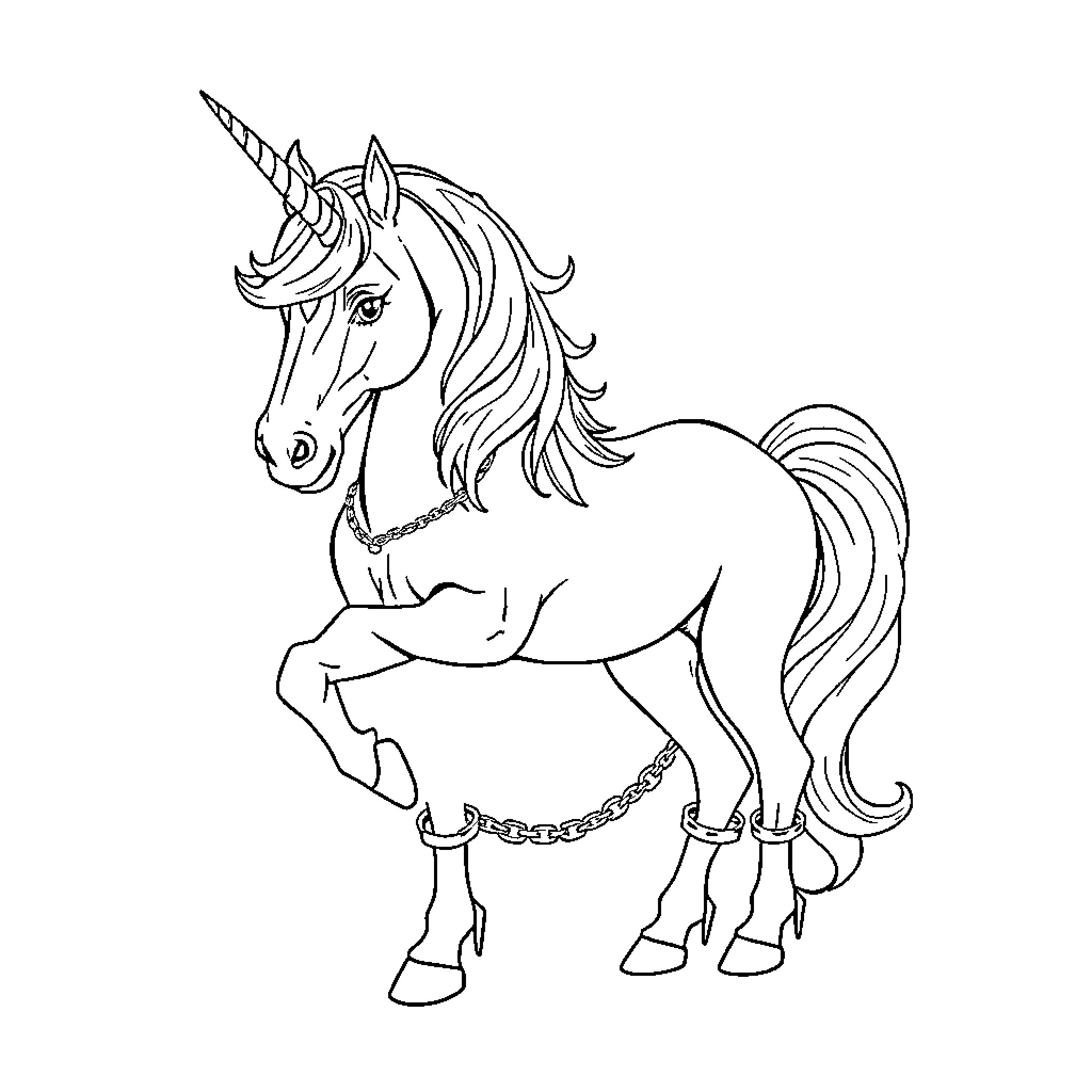 Unicorn with majestic horns in graceful pose Coloring Page (free black-and-white line drawing printable PDF for all, from beginners to advanced learners, including children, teens, adults, and seniors)