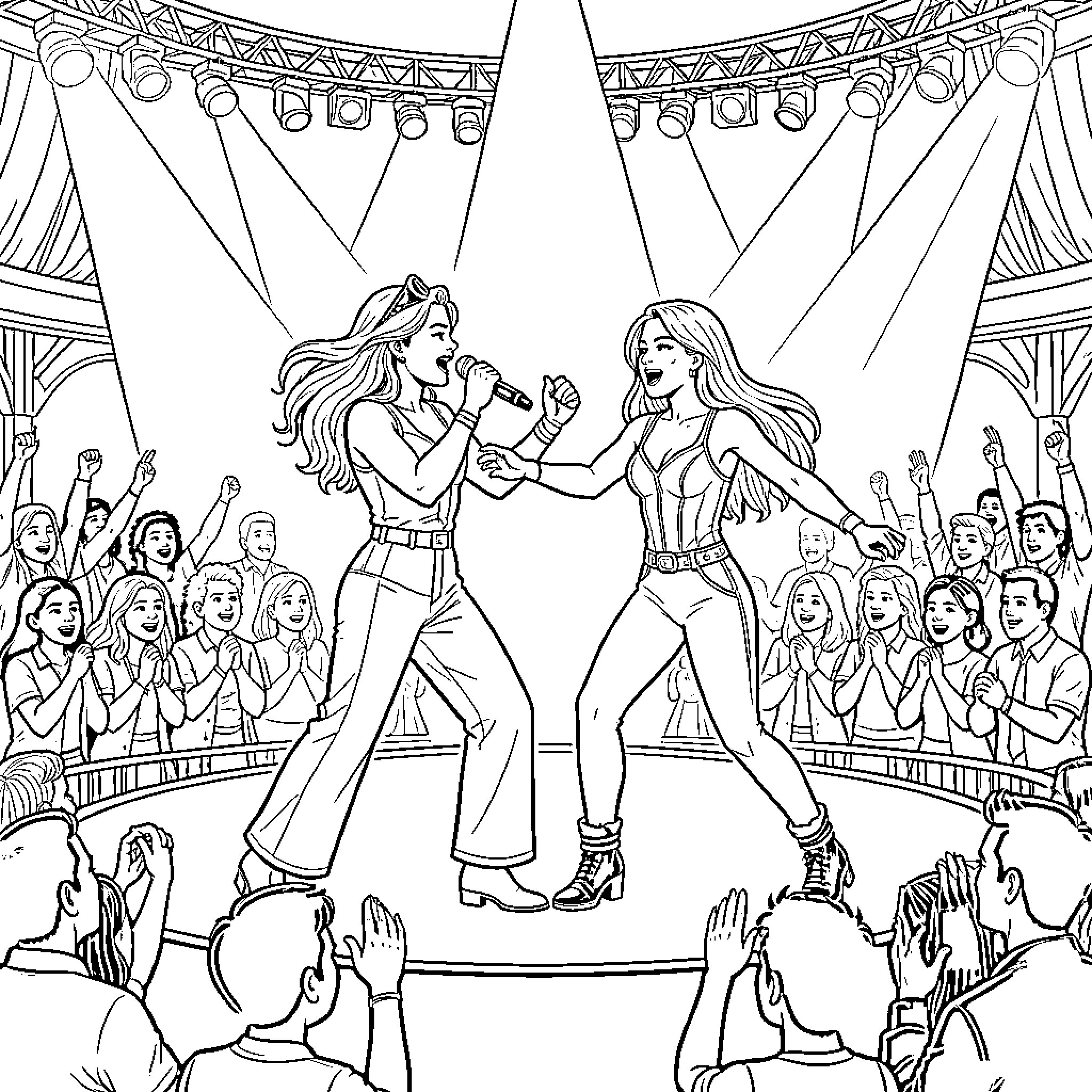Cantante singers performing on stage with crowd Coloring Page (free black-and-white line drawing printable PDF for all, from beginners to advanced learners, including children, teens, adults, and seniors)