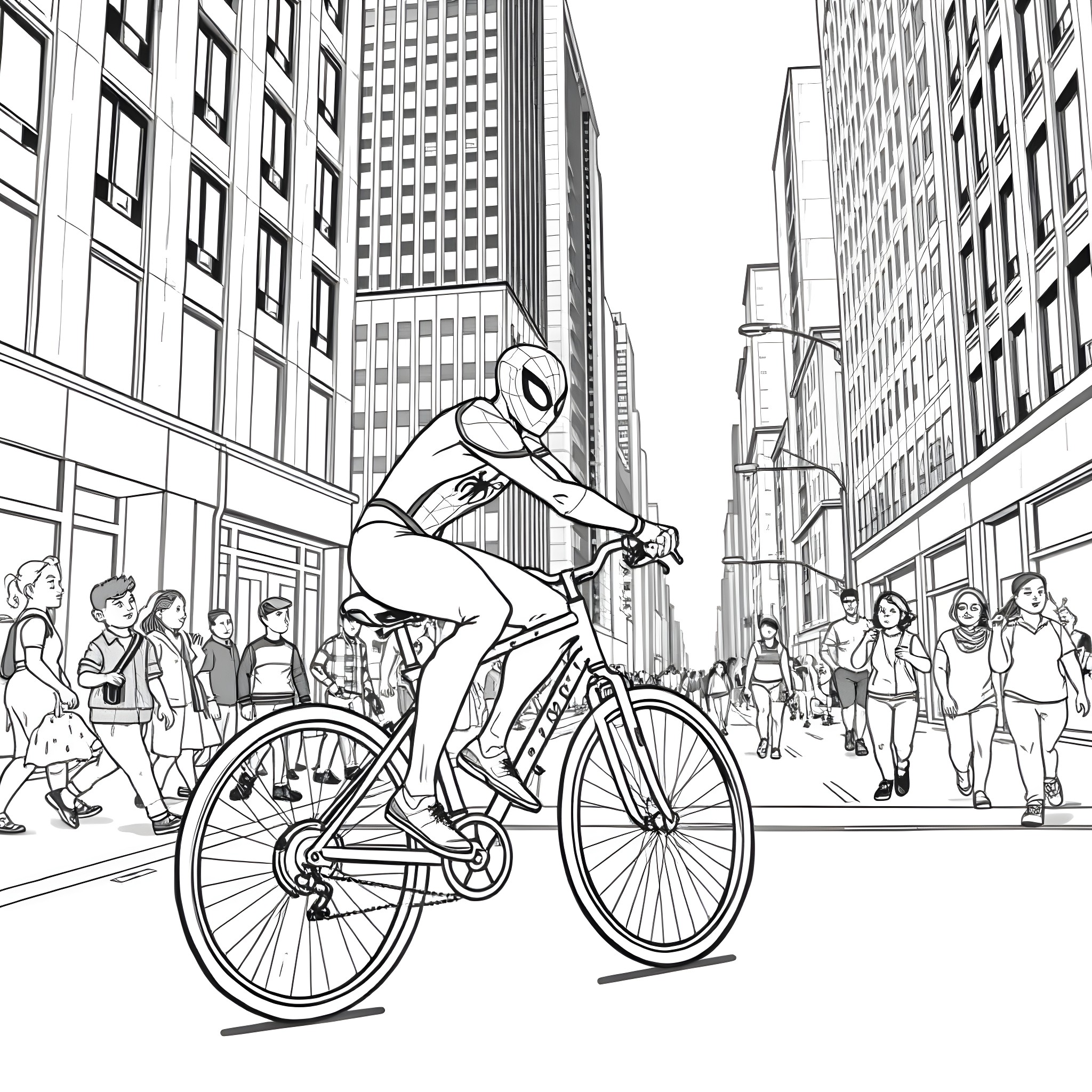 Spiderman swinging through the city on a bicycle Coloring Page (free black-and-white line drawing printable PDF for all, from beginners to advanced learners, including children, teens, adults, and seniors)