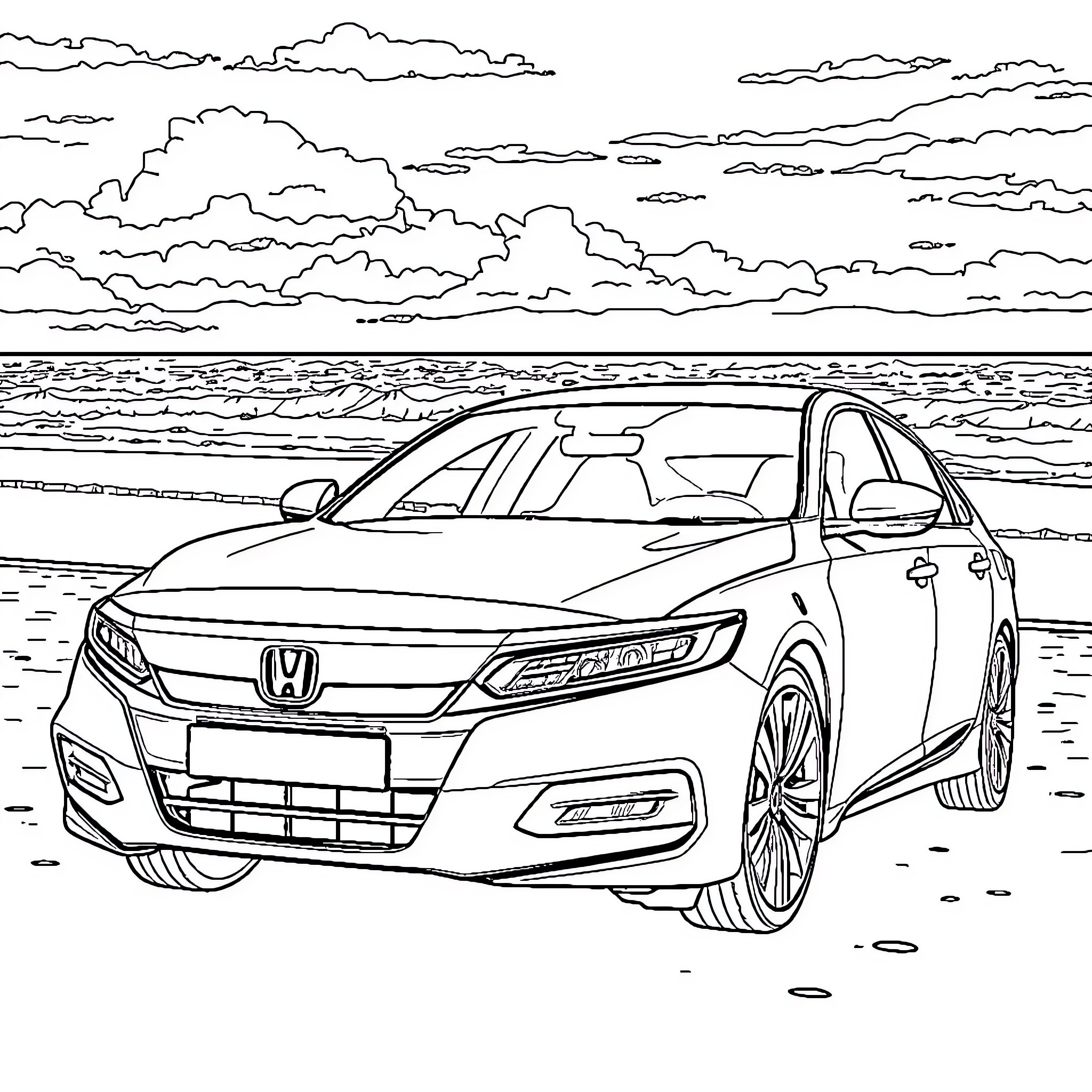 Honda Accord parked by the beach with cloudy sky Coloring Page (free black-and-white line drawing printable PDF for all, from beginners to advanced learners, including children, teens, adults, and seniors)