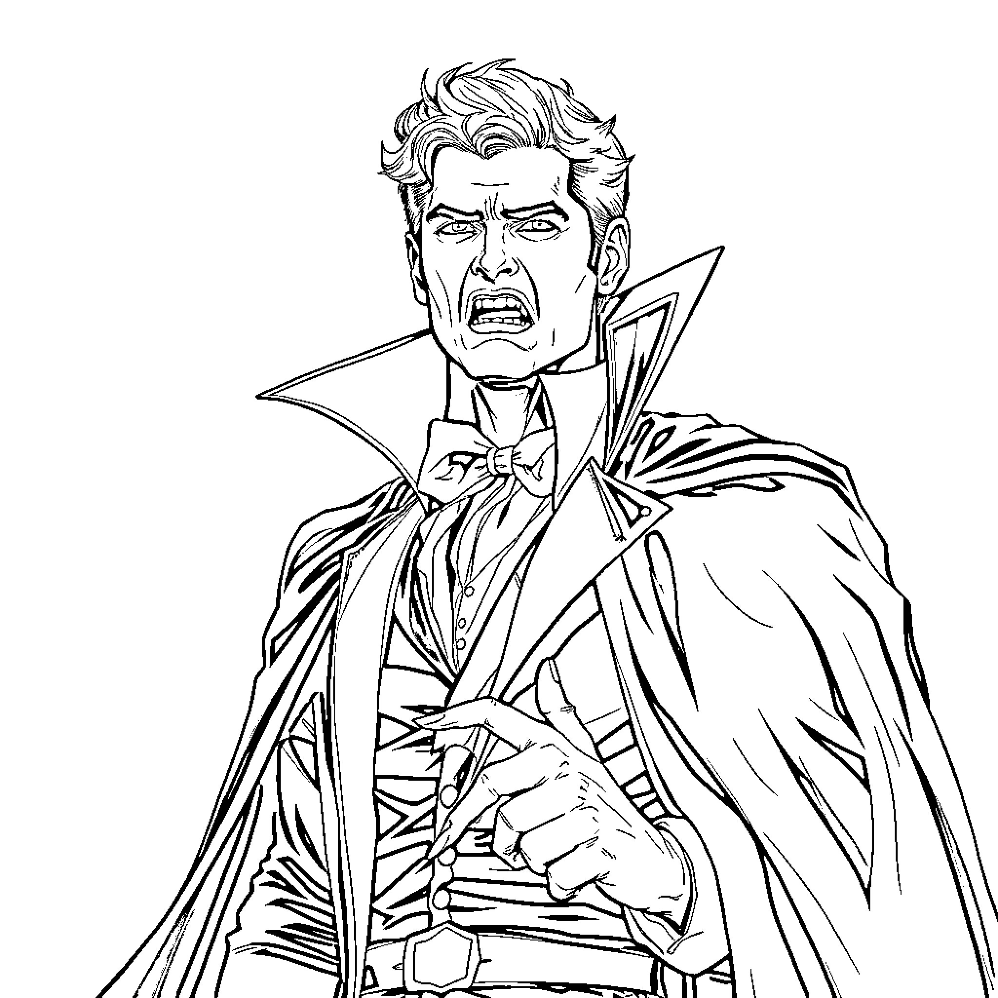 Vampire hero in dramatic pose Coloring Page (free black-and-white line drawing printable PDF for all, from beginners to advanced learners, including children, teens, adults, and seniors)