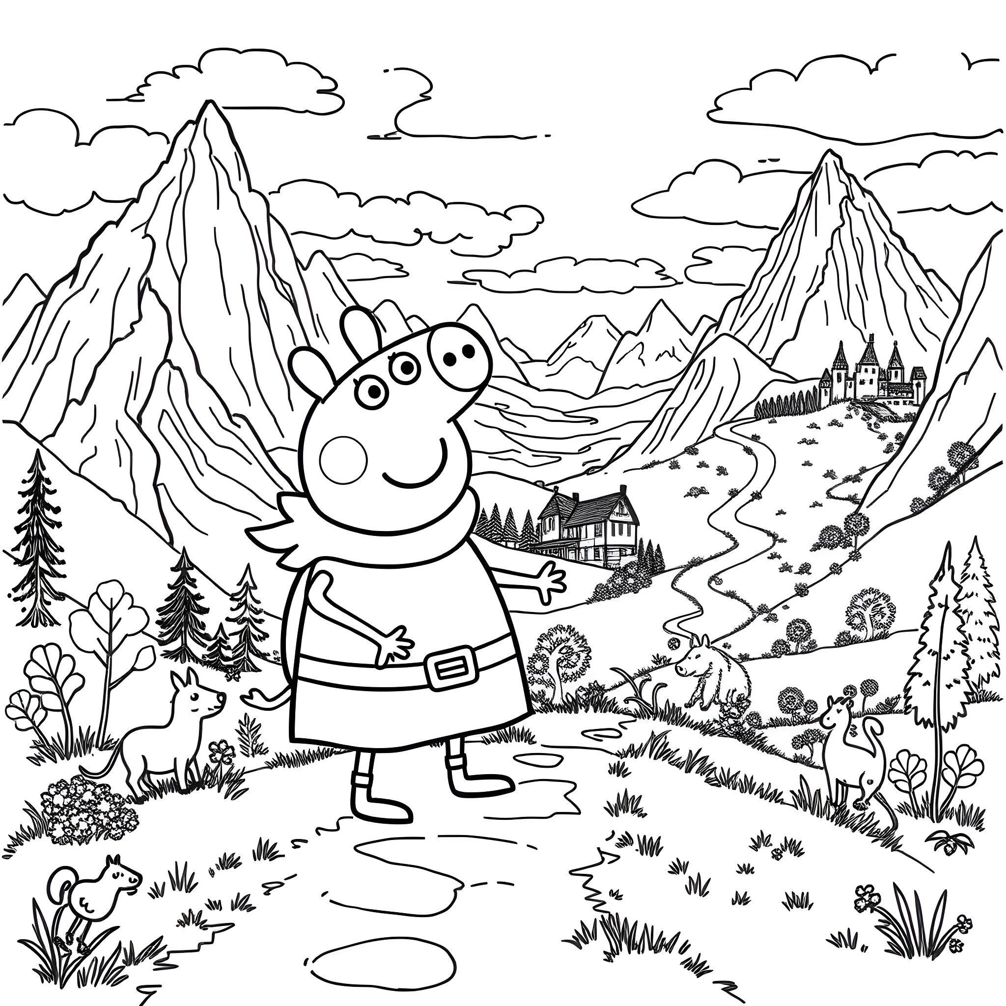 Peppa Pig's Adventure in the Mountains Coloring Page (free black-and-white line drawing printable PDF for all, from beginners to advanced learners, including children, teens, adults, and seniors)
