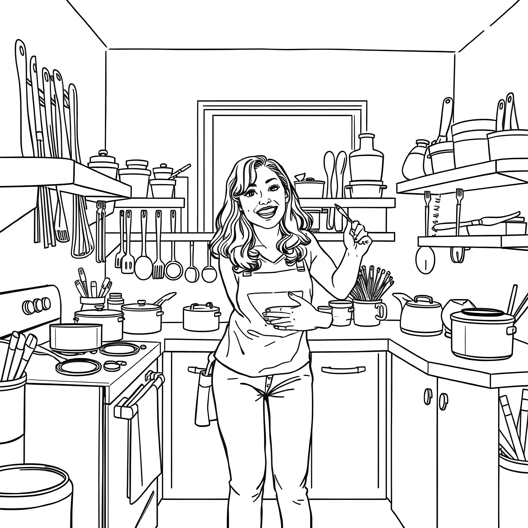 Christina Hendricks cooking in a cozy kitchen Coloring Page (free black-and-white line drawing printable PDF for all, from beginners to advanced learners, including children, teens, adults, and seniors)