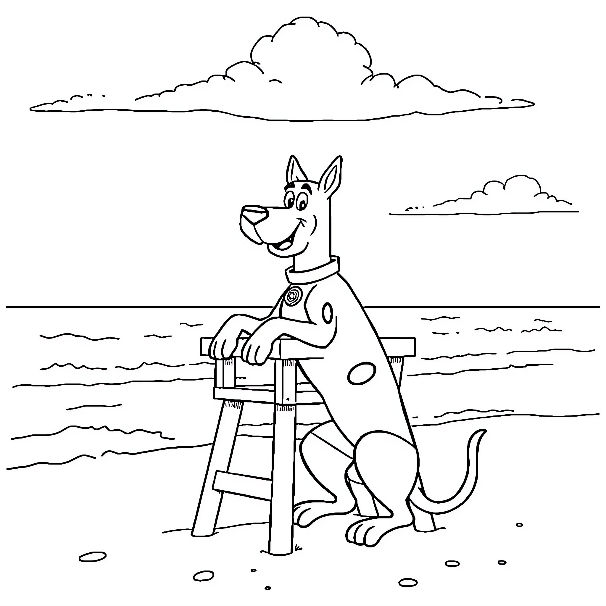 Scooby Doo enjoying a day at the beach Coloring Page (free black-and-white line drawing printable PDF for all, from beginners to advanced learners, including children, teens, adults, and seniors)