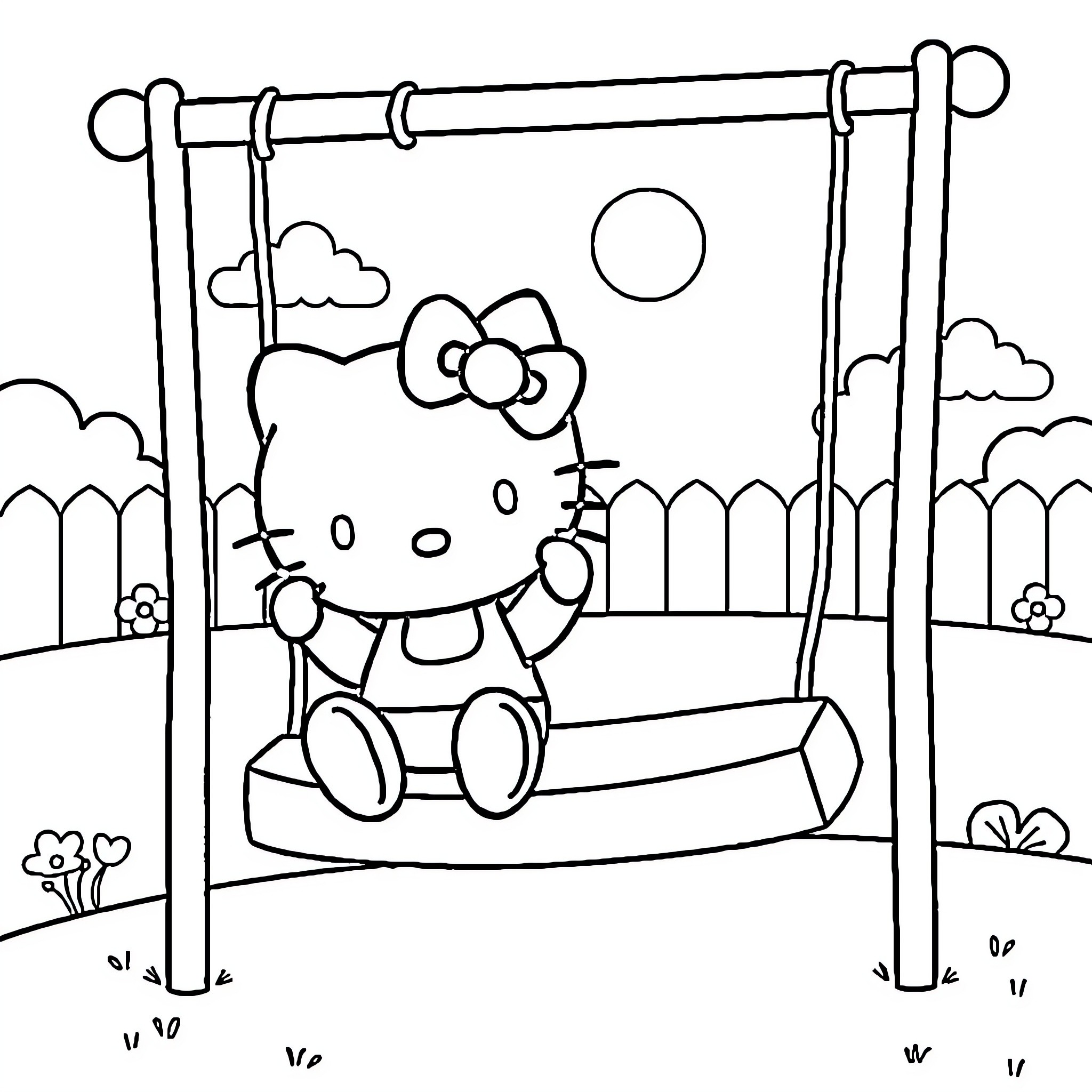 Hello Kitty playing on a swing in the park Coloring Page (free black-and-white line drawing printable PDF for all, from beginners to advanced learners, including children, teens, adults, and seniors)