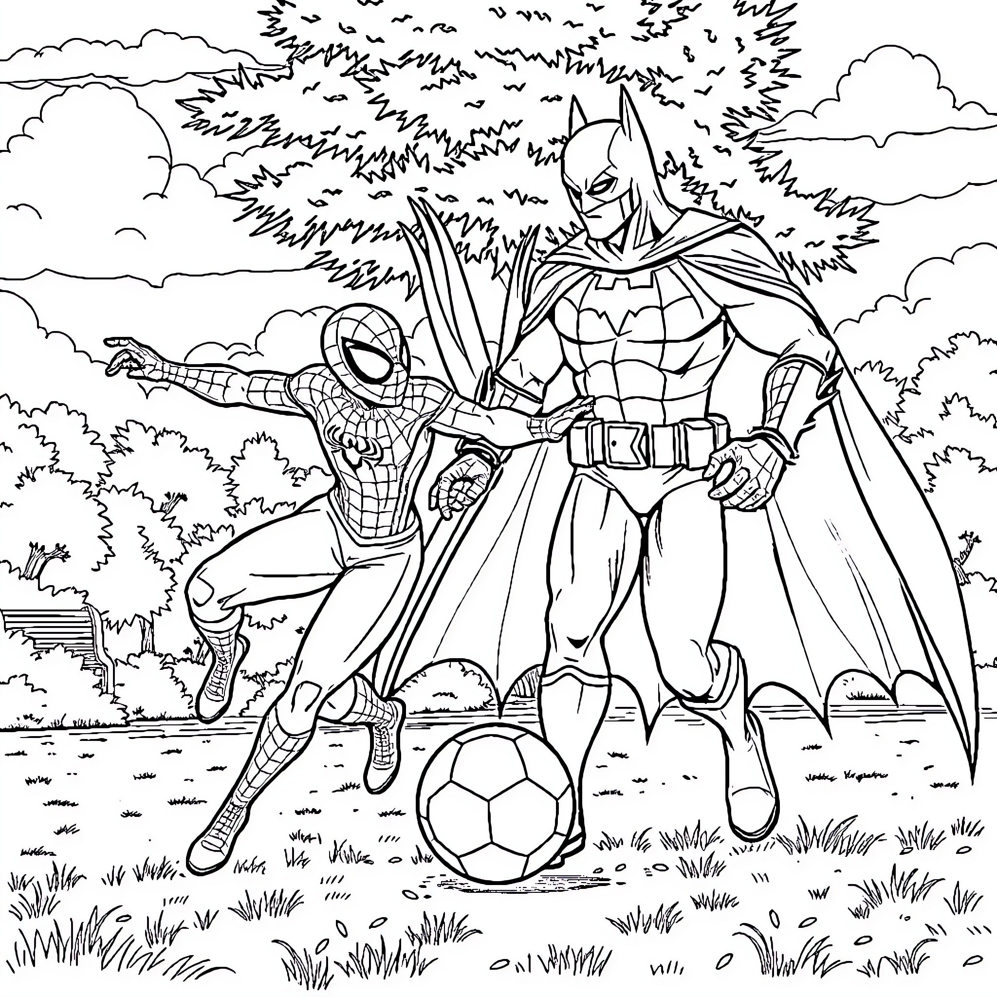 Batman and Spider-Man Playing Soccer in the Park Coloring Page (free black-and-white line drawing printable PDF for all, from beginners to advanced learners, including children, teens, adults, and seniors)