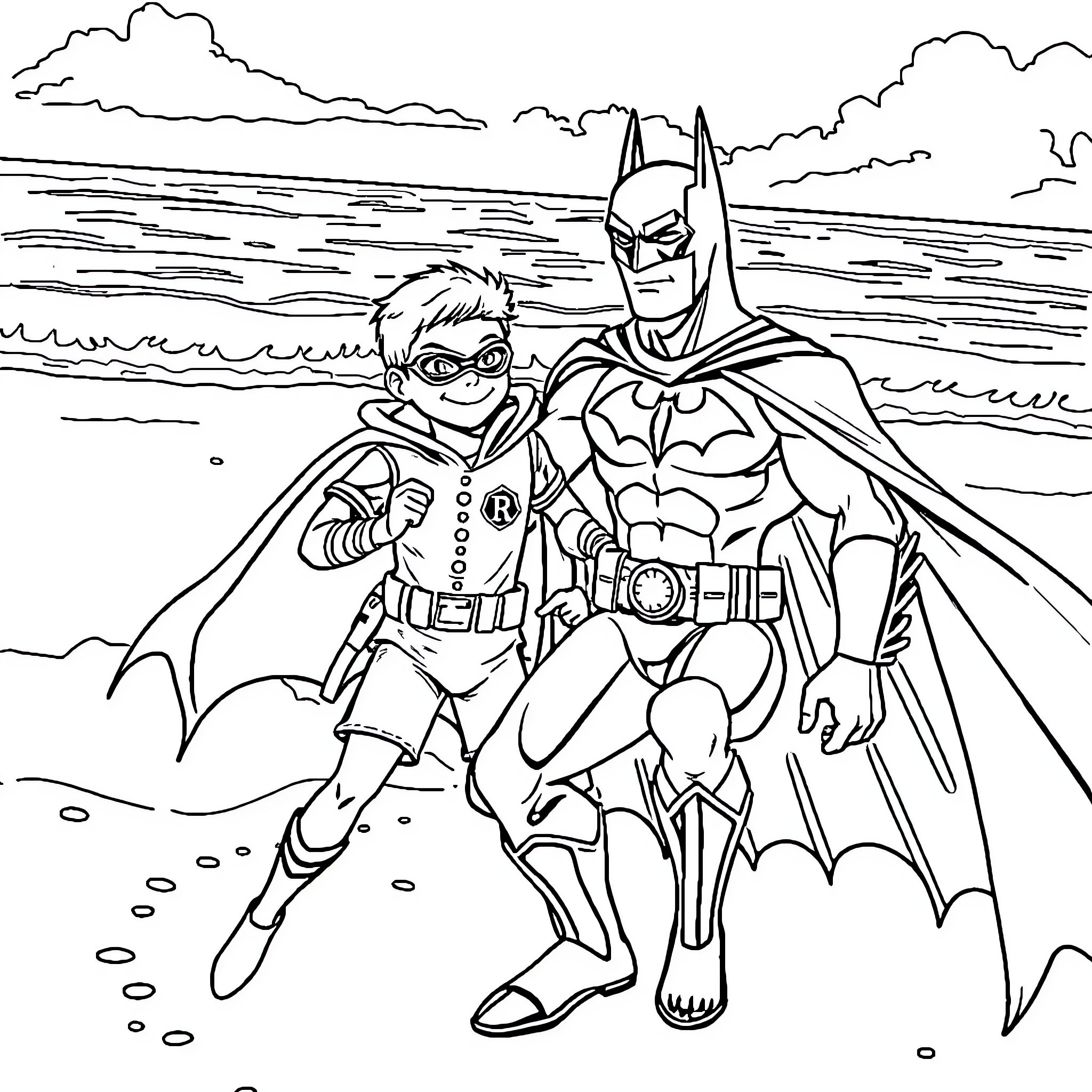 Batman and Robin in action on the beach Coloring Page (free black-and-white line drawing printable PDF for all, from beginners to advanced learners, including children, teens, adults, and seniors)