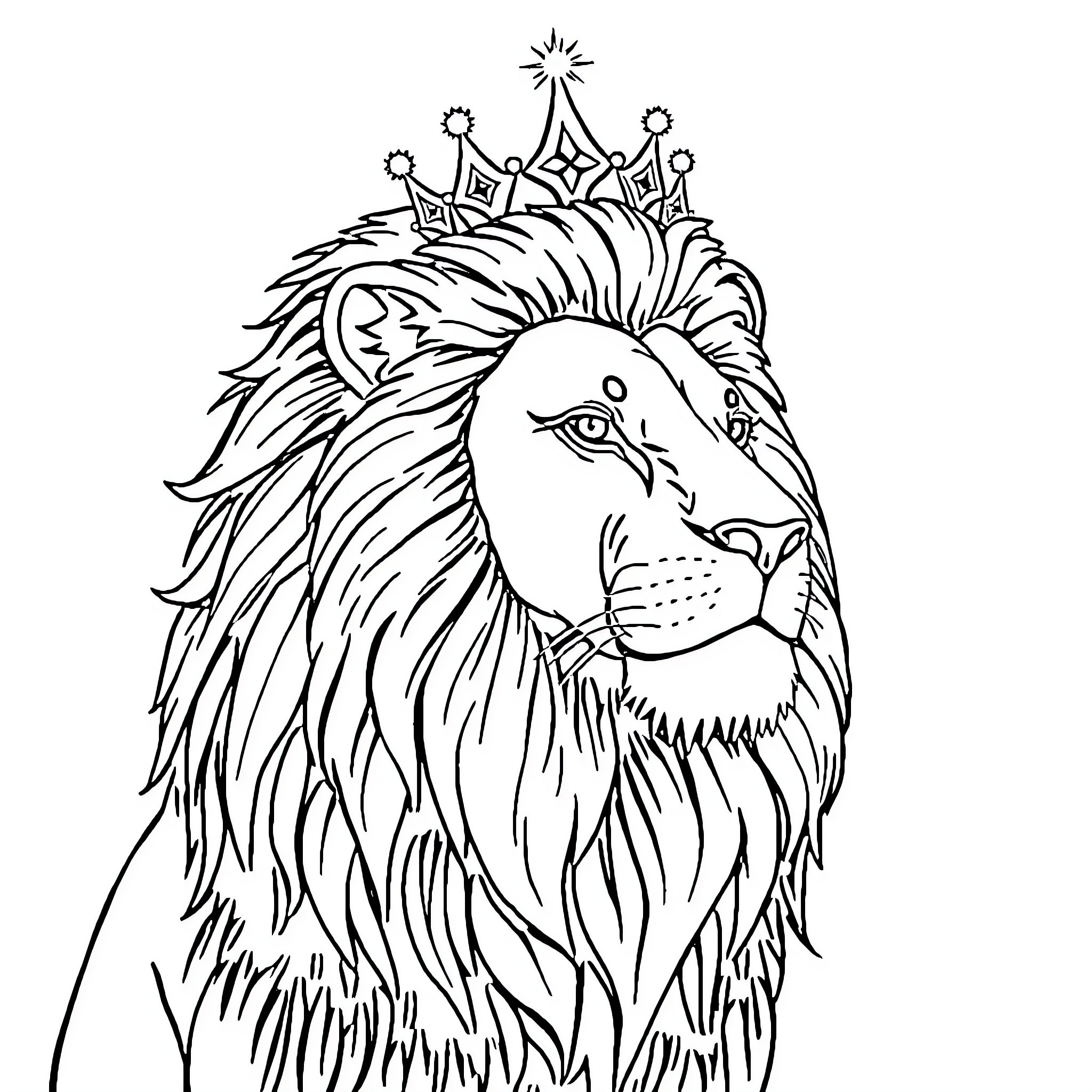 Lion with Majestic Crown Coloring Page (free black-and-white line drawing printable PDF for all, from beginners to advanced learners, including children, teens, adults, and seniors)