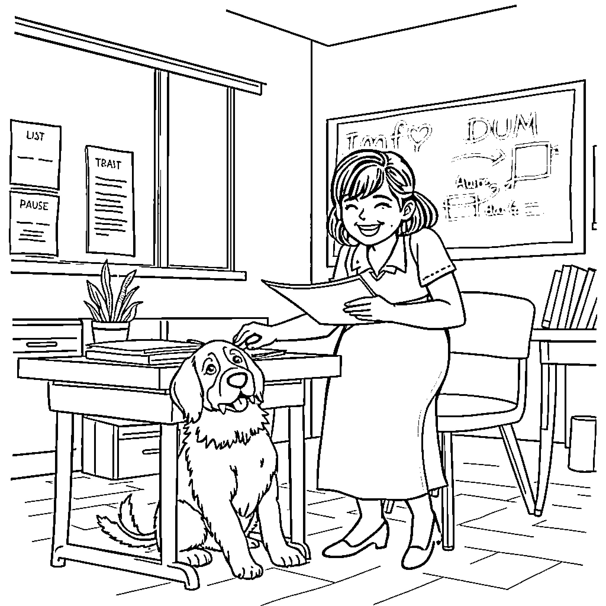 Teacher with dog assisting student in classroom Coloring Page (free black-and-white line drawing printable PDF for all, from beginners to advanced learners, including children, teens, adults, and seniors)