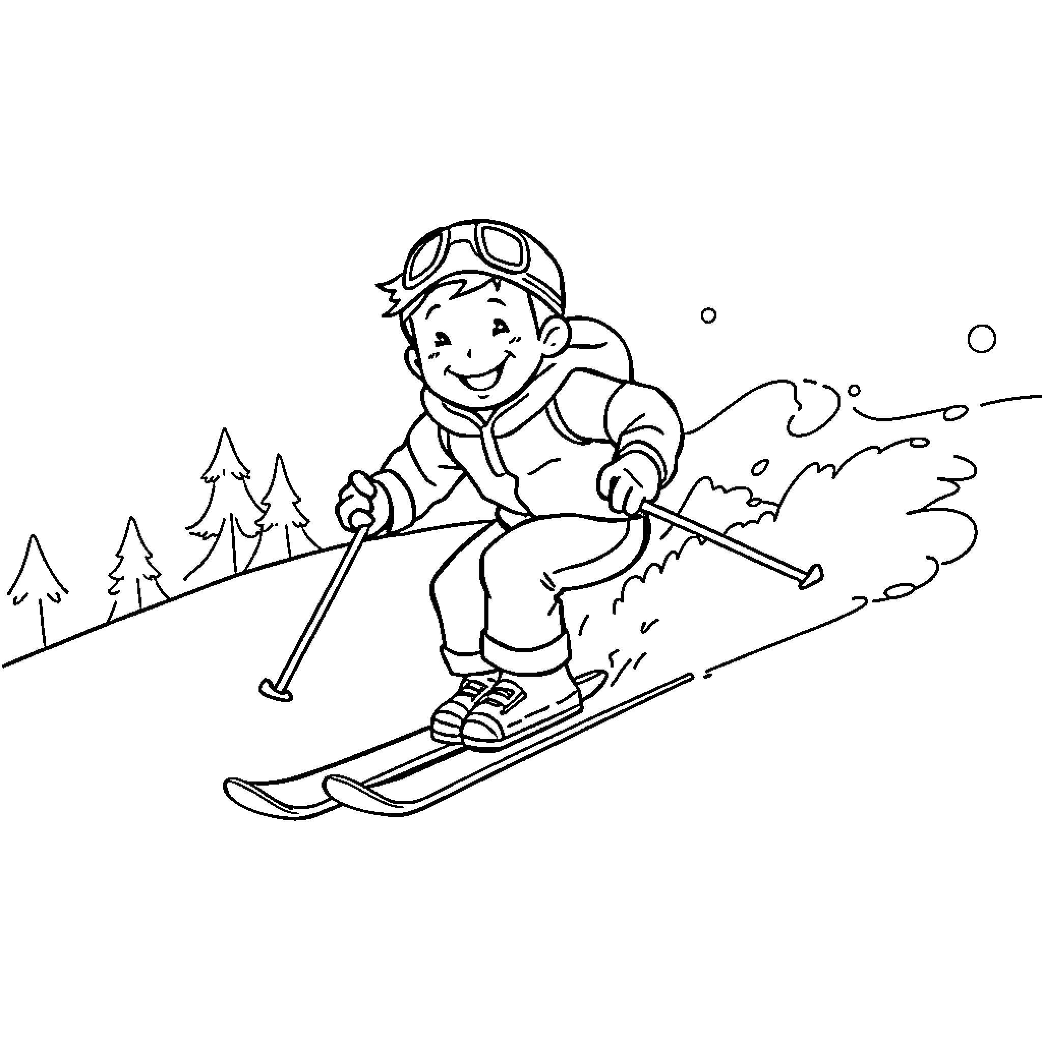 Boy skiing joyfully down the snowy slope Coloring Page (free black-and-white line drawing printable PDF for all, from beginners to advanced learners, including children, teens, adults, and seniors)