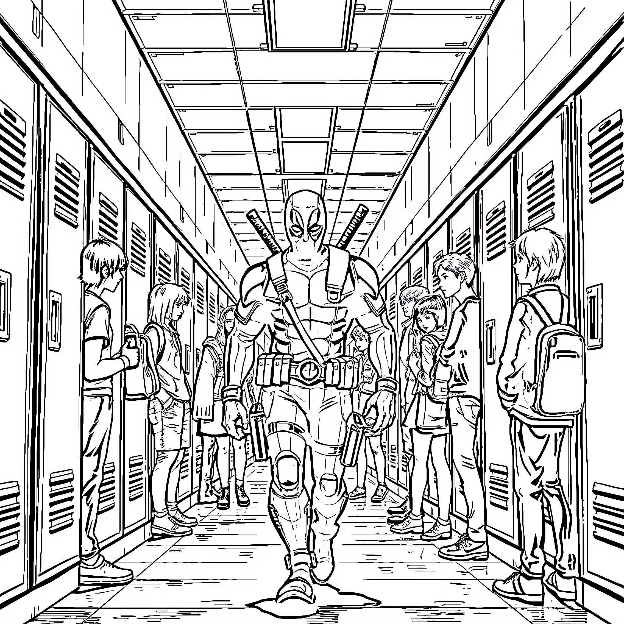 Deadpool walking confidently through the school hallway Coloring Page (free black-and-white line drawing printable PDF for all, from beginners to advanced learners, including children, teens, adults, and seniors)