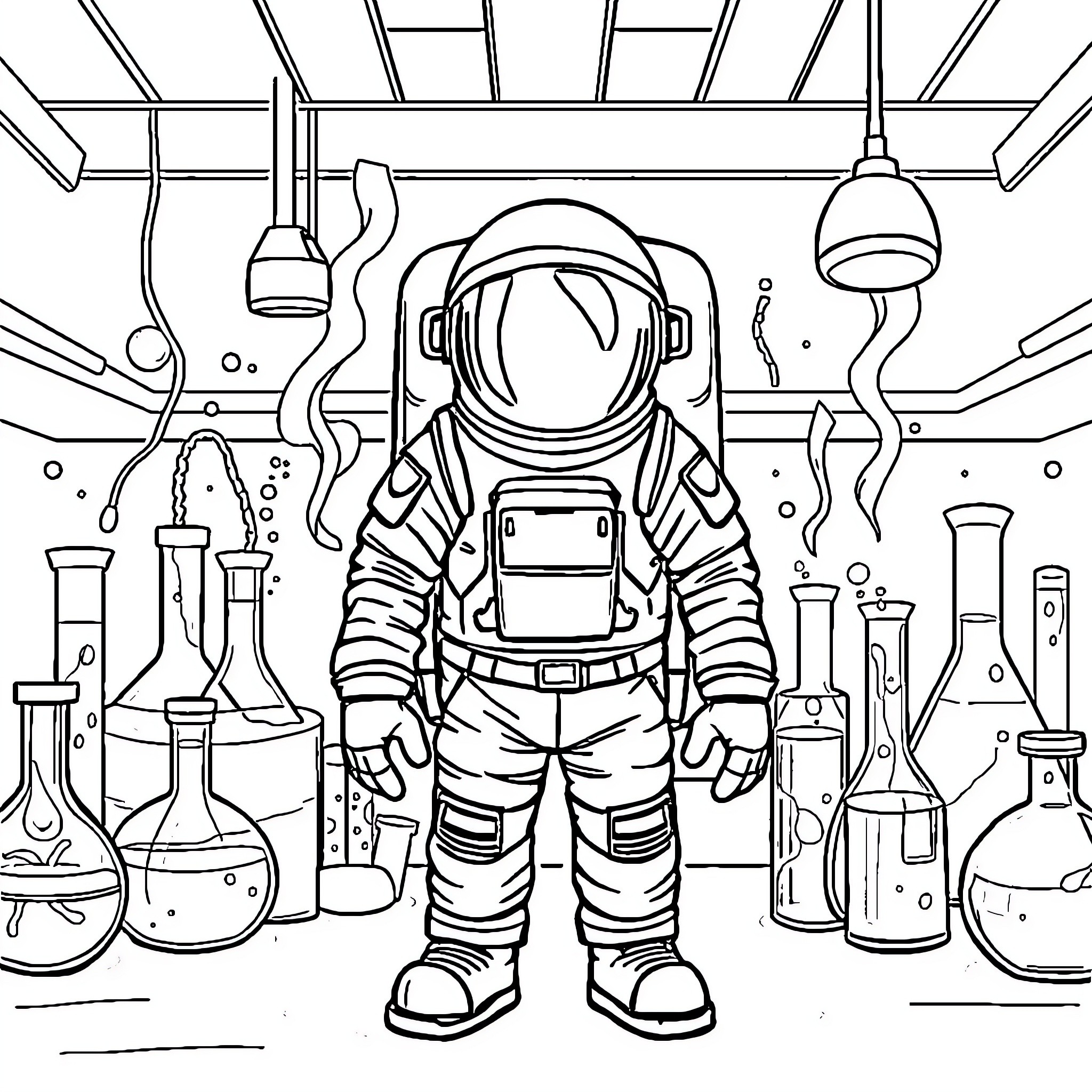 Astronaut in scientific laboratory with various equipment Coloring Page (free black-and-white line drawing printable PDF for all, from beginners to advanced learners, including children, teens, adults, and seniors)