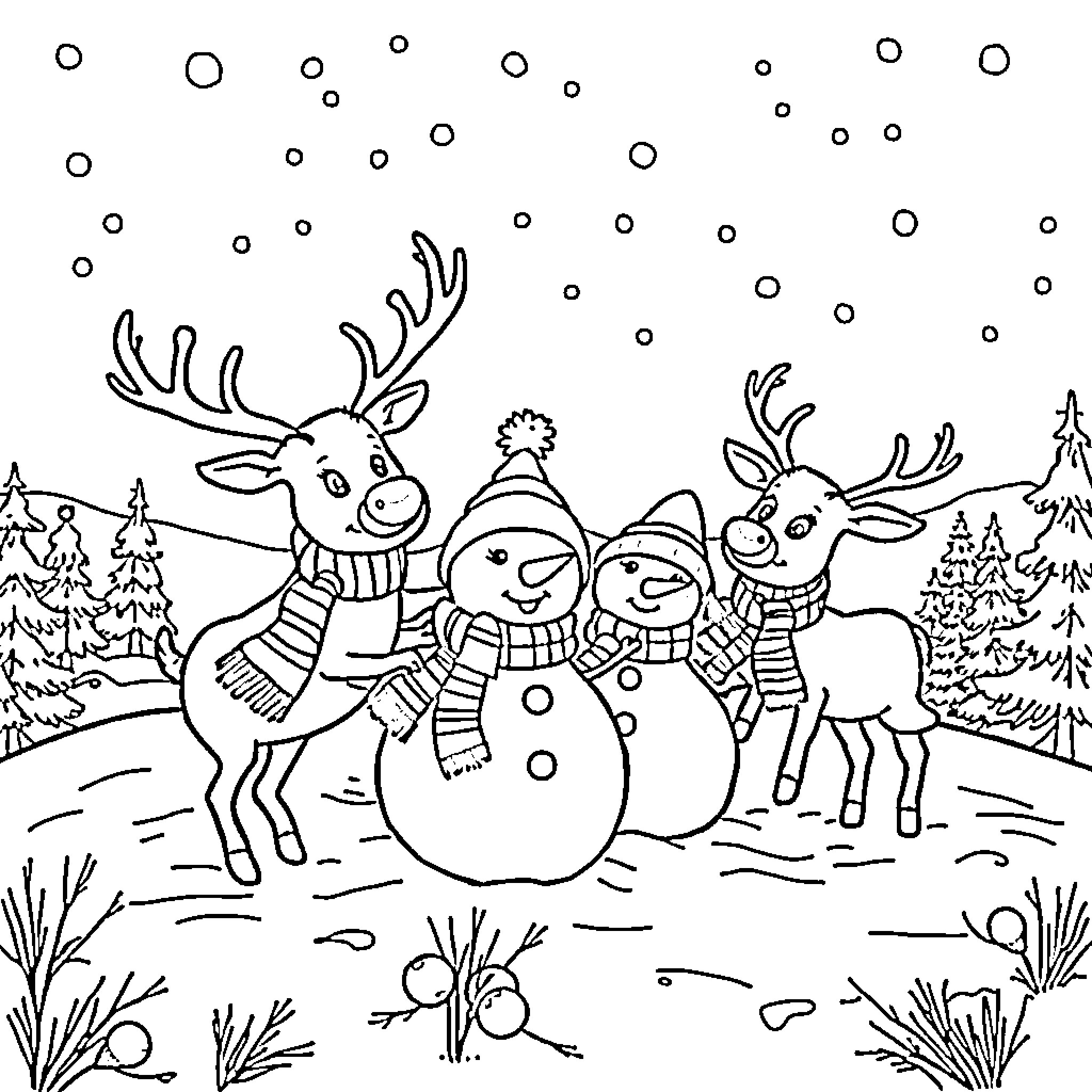 Reindeer playing with snowmen in a winter wonderland Coloring Page (free black-and-white line drawing printable PDF for all, from beginners to advanced learners, including children, teens, adults, and seniors)