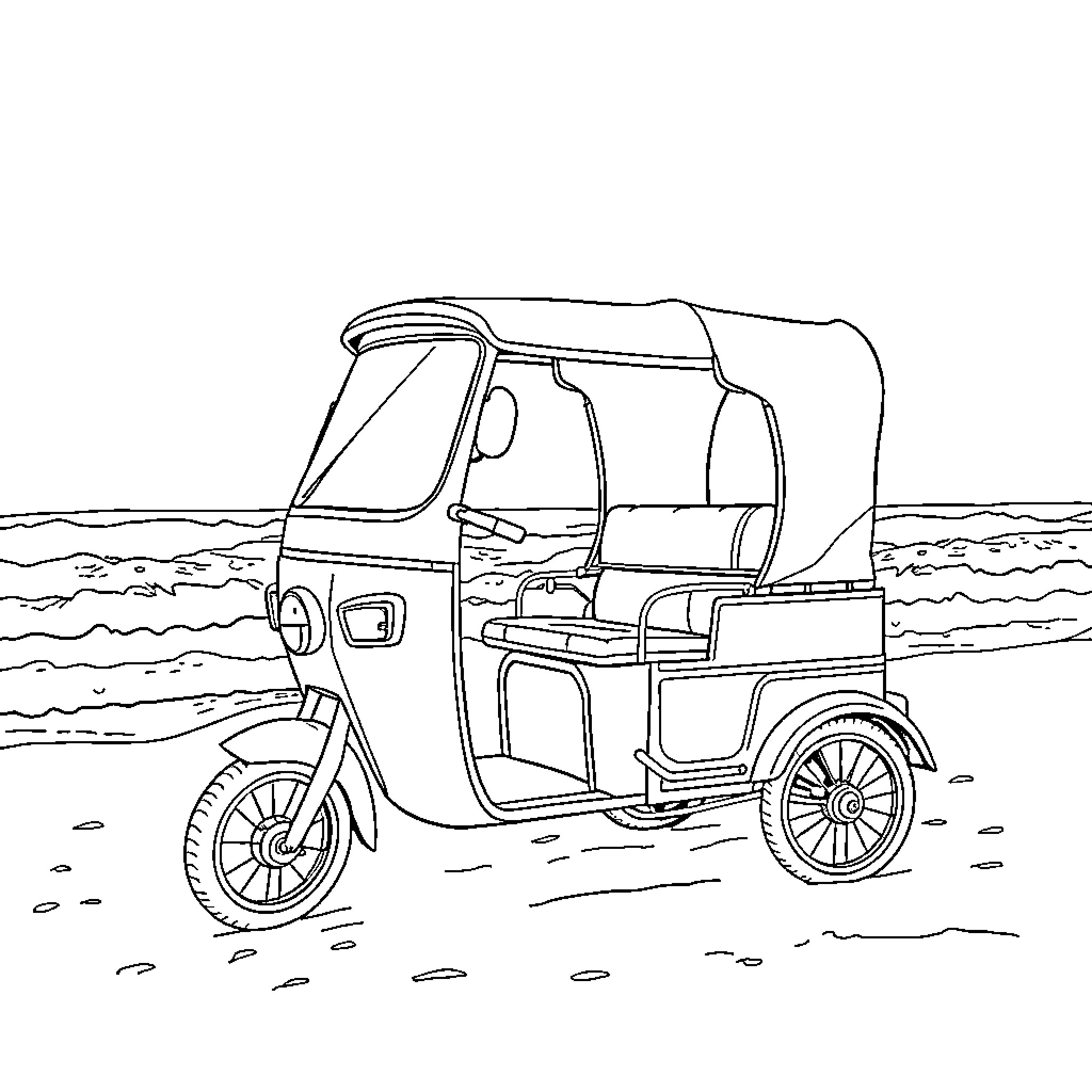 Rickshaw in scenic coastal landscape Coloring Page (free black-and-white line drawing printable PDF for all, from beginners to advanced learners, including children, teens, adults, and seniors)