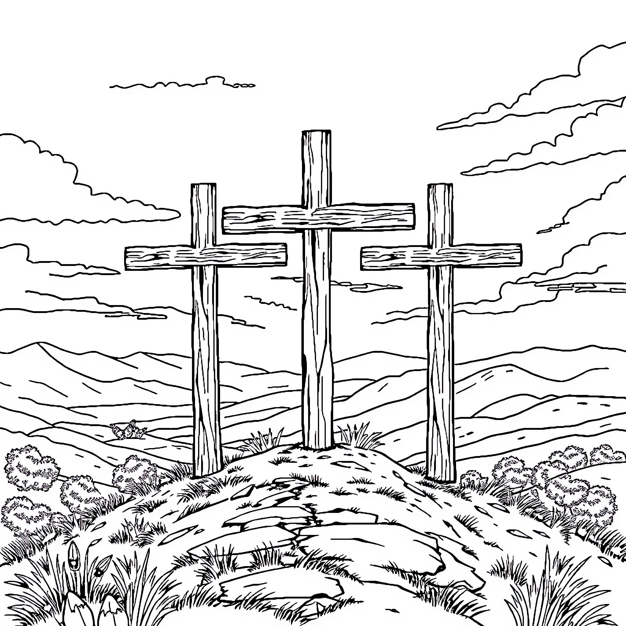 Cross on a Hill with Cloudy Sky Coloring Page (free black-and-white line drawing printable PDF for all, from beginners to advanced learners, including children, teens, adults, and seniors)