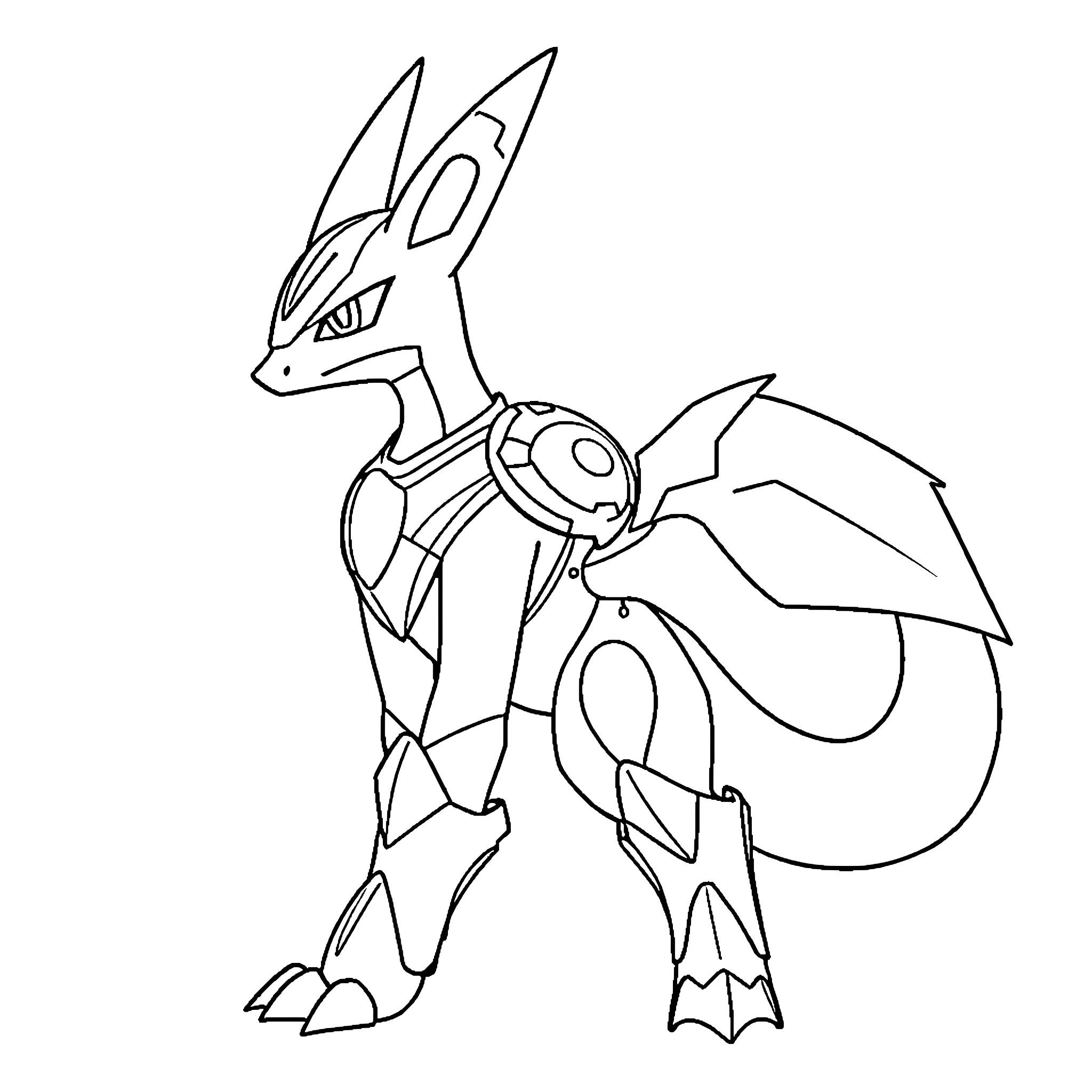 Lucario Posing in Heroic Stance Coloring Page (free black-and-white line drawing printable PDF for all, from beginners to advanced learners, including children, teens, adults, and seniors)