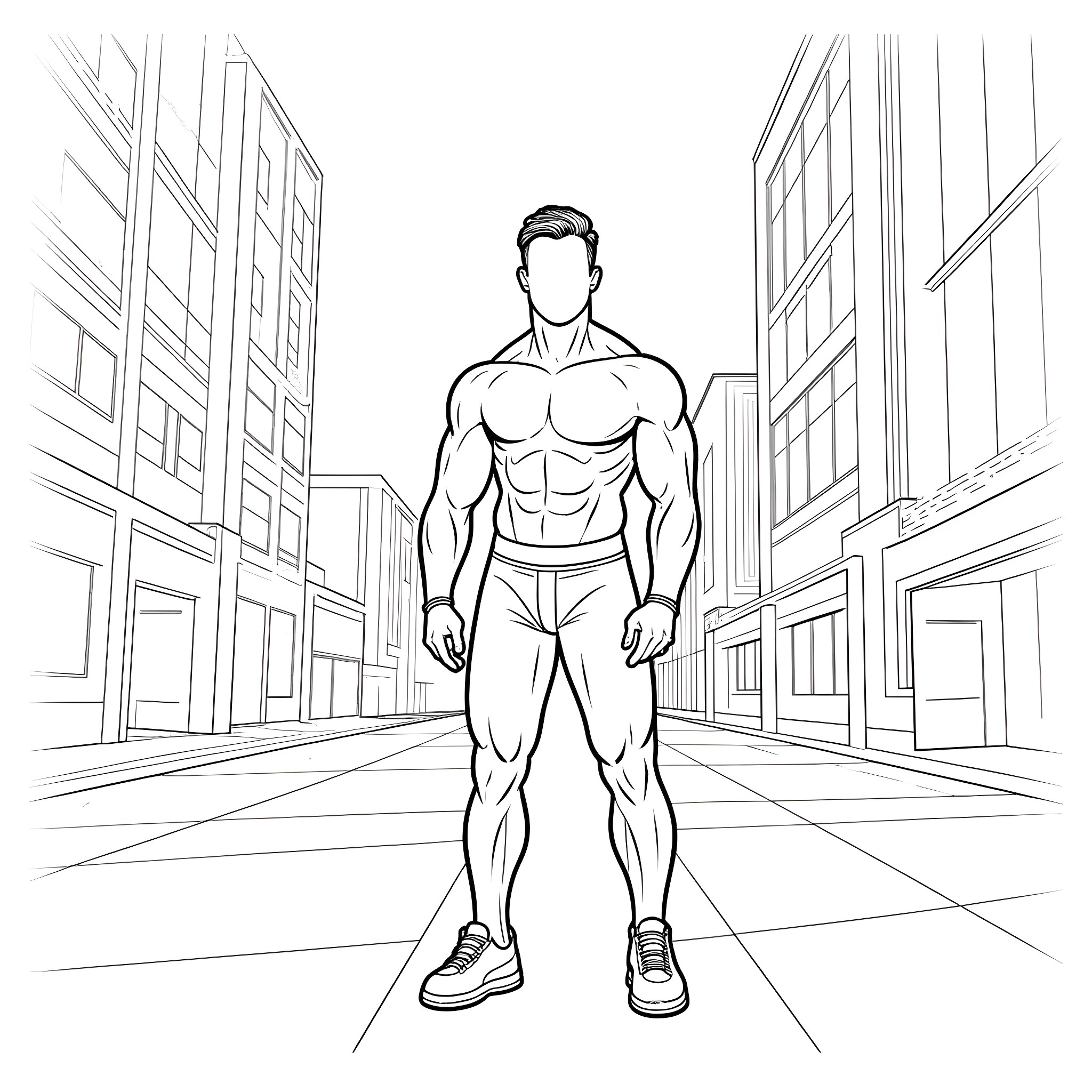 Atom Bomb Superhero in Cityscape Coloring Page (free black-and-white line drawing printable PDF for all, from beginners to advanced learners, including children, teens, adults, and seniors)