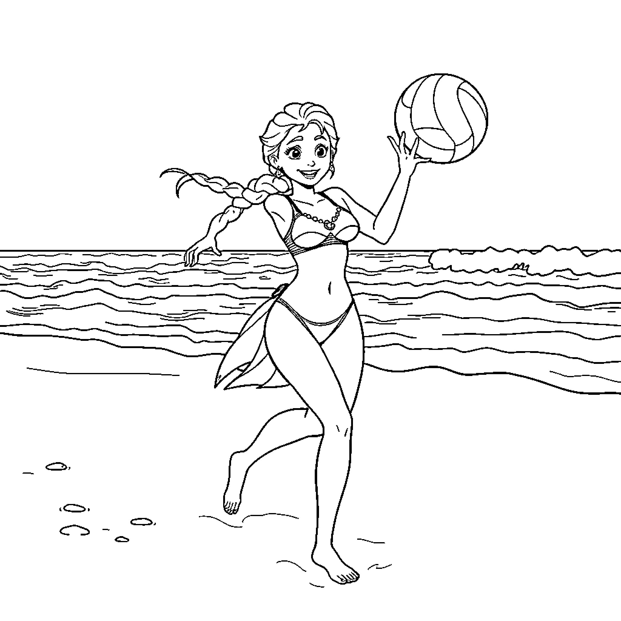 Princess Elsa playing volleyball in the ocean Coloring Page (free black-and-white line drawing printable PDF for all, from beginners to advanced learners, including children, teens, adults, and seniors)