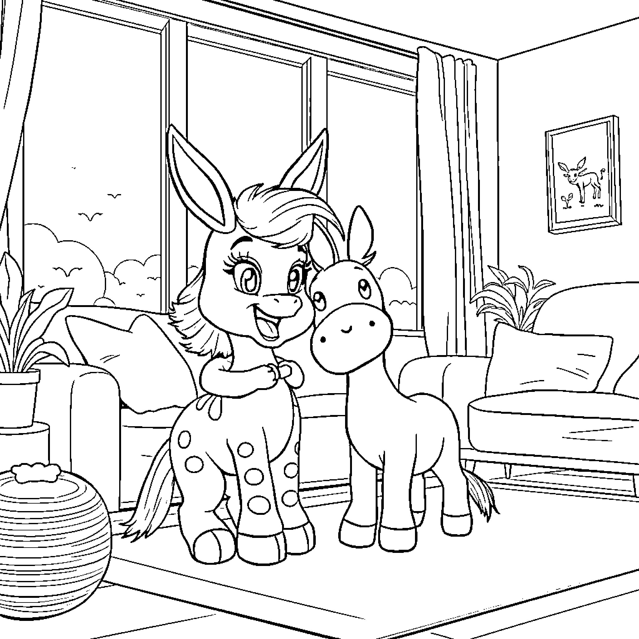 Bluey and her friend Bingo playing indoors Coloring Page (free black-and-white line drawing printable PDF for all, from beginners to advanced learners, including children, teens, adults, and seniors)