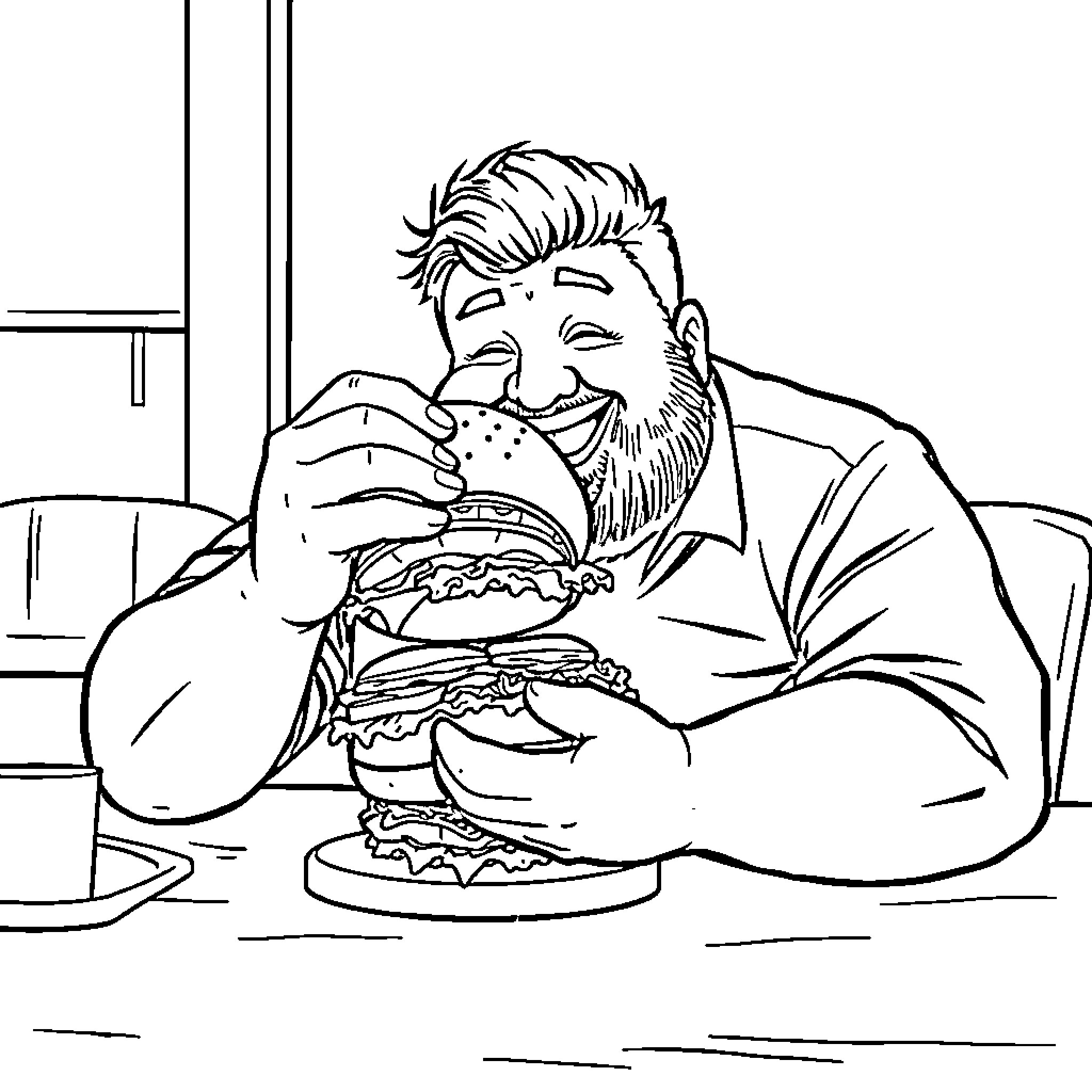 Man enjoying a hearty meal at the diner Coloring Page (free black-and-white line drawing printable PDF for all, from beginners to advanced learners, including children, teens, adults, and seniors)