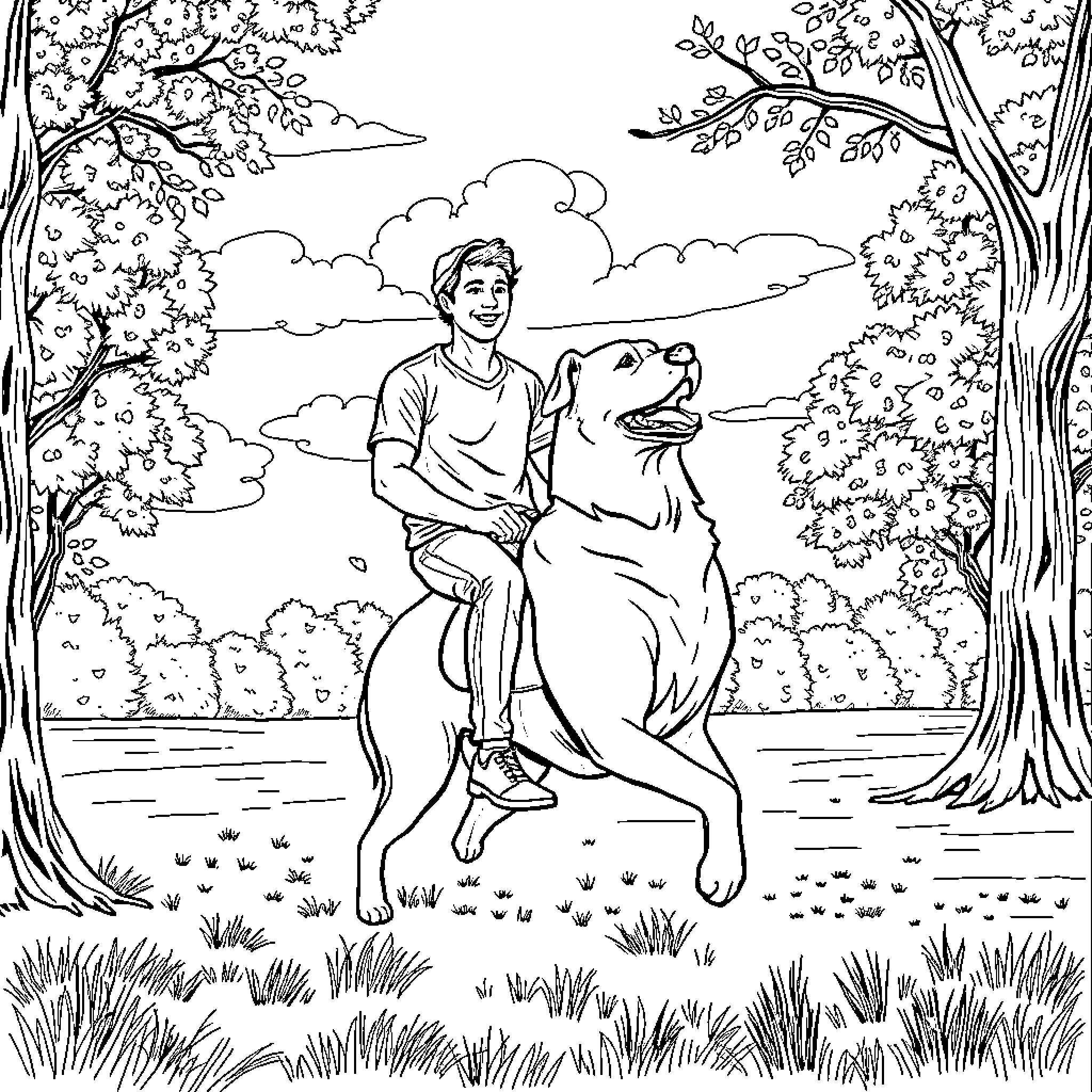 Husband enjoying outdoor adventure with loyal canine companion Coloring Page (free black-and-white line drawing printable PDF for all, from beginners to advanced learners, including children, teens, adults, and seniors)