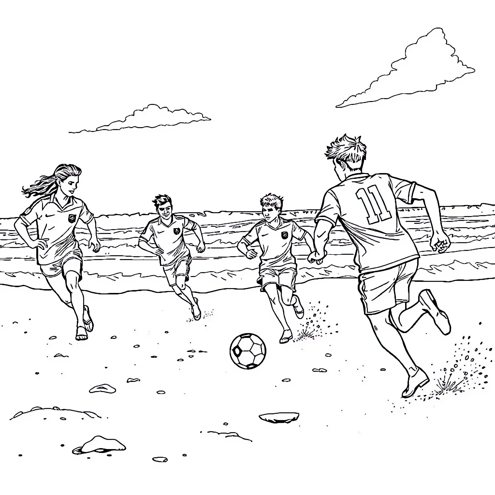 Football Players Running and Kicking on the Beach Coloring Page (free black-and-white line drawing printable PDF for all, from beginners to advanced learners, including children, teens, adults, and seniors)