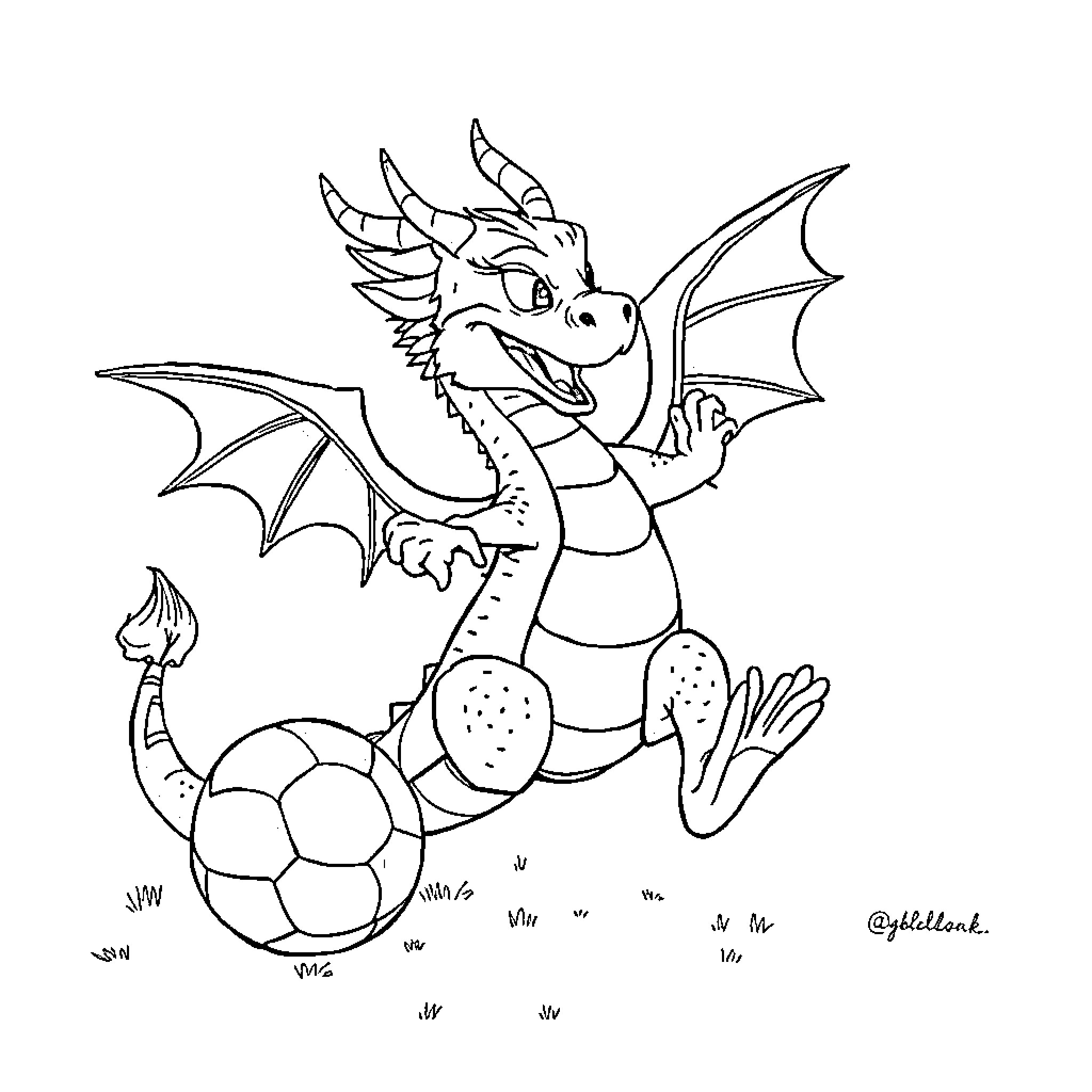 Dragon playing soccer with enthusiasm Coloring Page (free black-and-white line drawing printable PDF for all, from beginners to advanced learners, including children, teens, adults, and seniors)