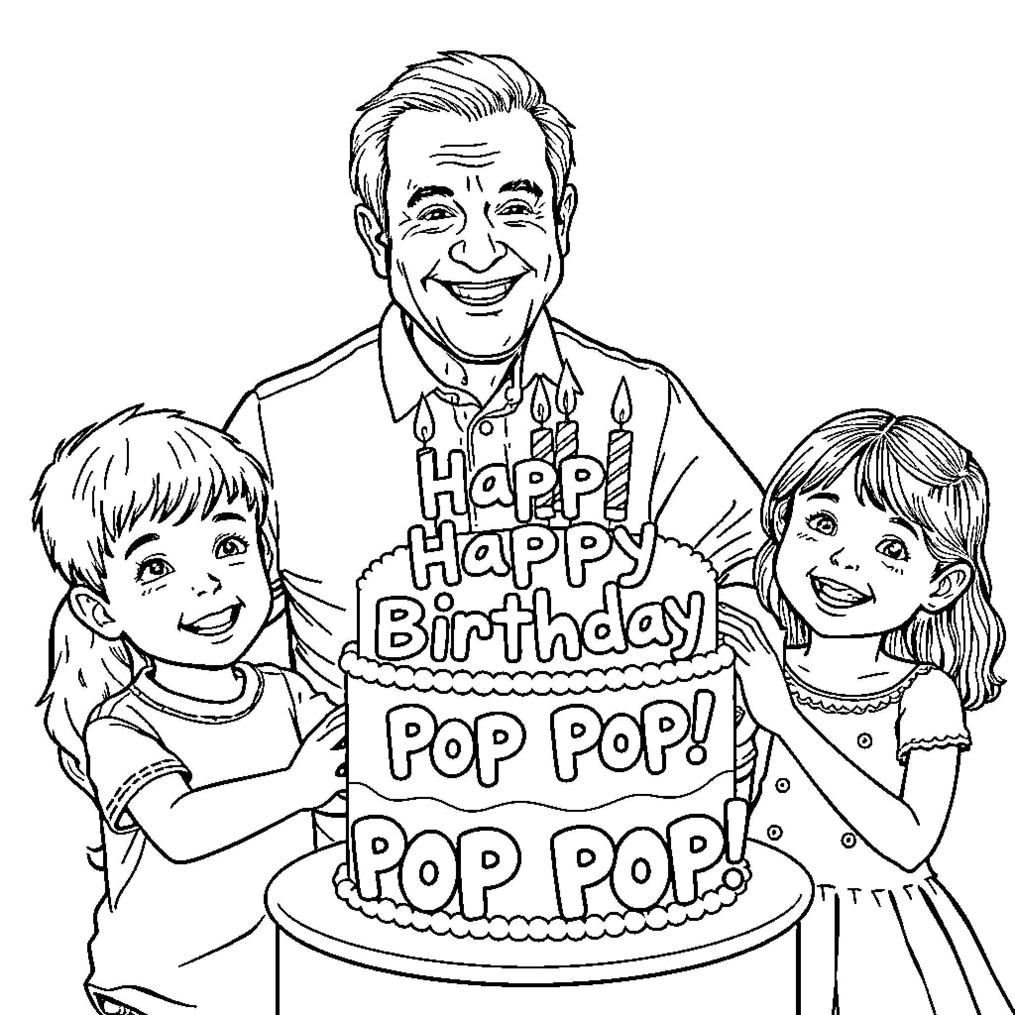 Man smiling while holding a birthday cake with children Coloring Page (free black-and-white line drawing printable PDF for all, from beginners to advanced learners, including children, teens, adults, and seniors)