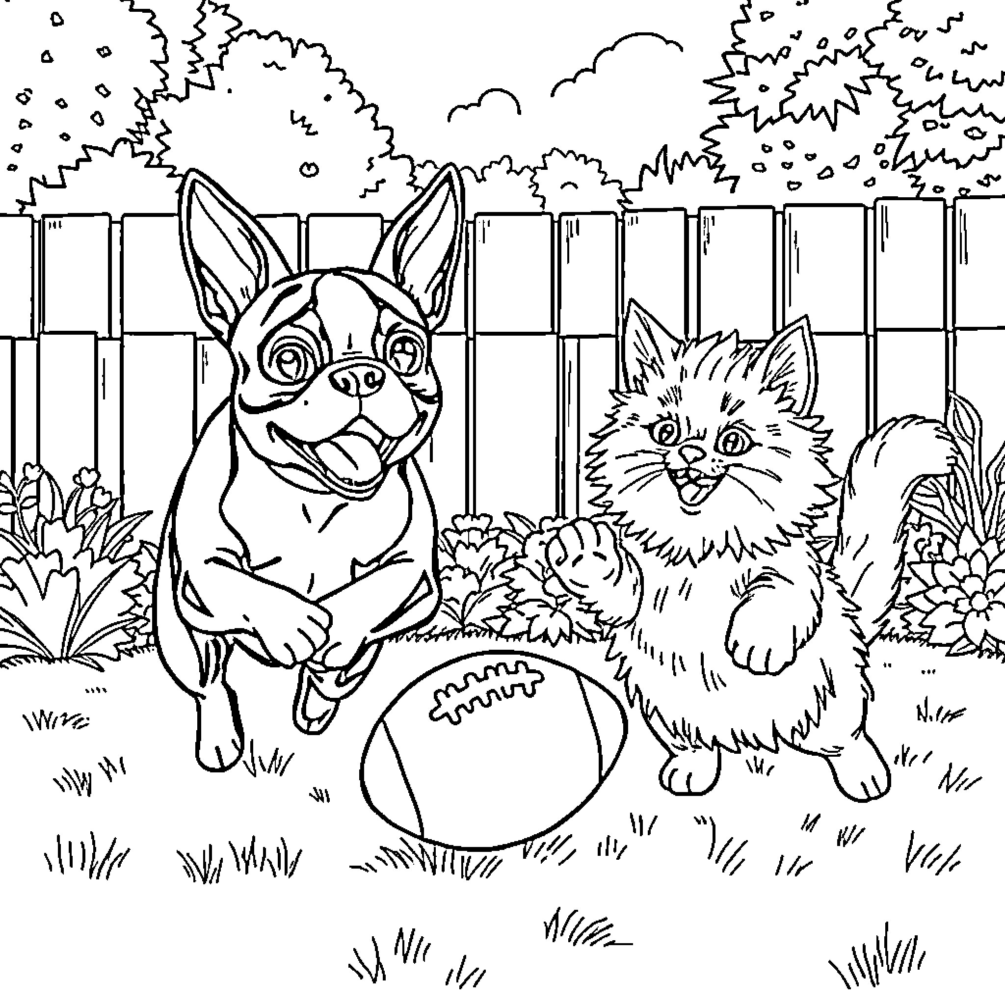 Boston Terrier and Kitten Playing in the Yard Coloring Page (free black-and-white line drawing printable PDF for all, from beginners to advanced learners, including children, teens, adults, and seniors)
