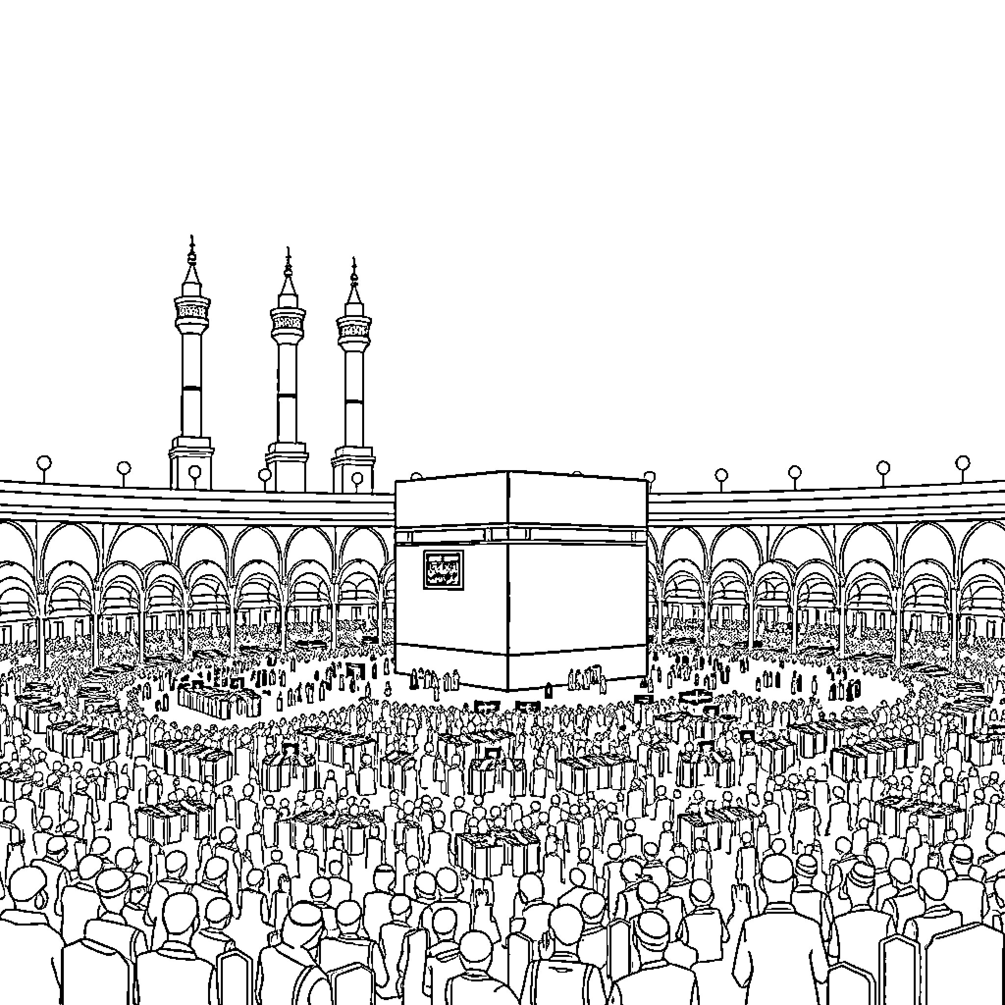 Masjid Al Haram - Crowds of worshippers gathered for prayer Coloring Page (free black-and-white line drawing printable PDF for all, from beginners to advanced learners, including children, teens, adults, and seniors)