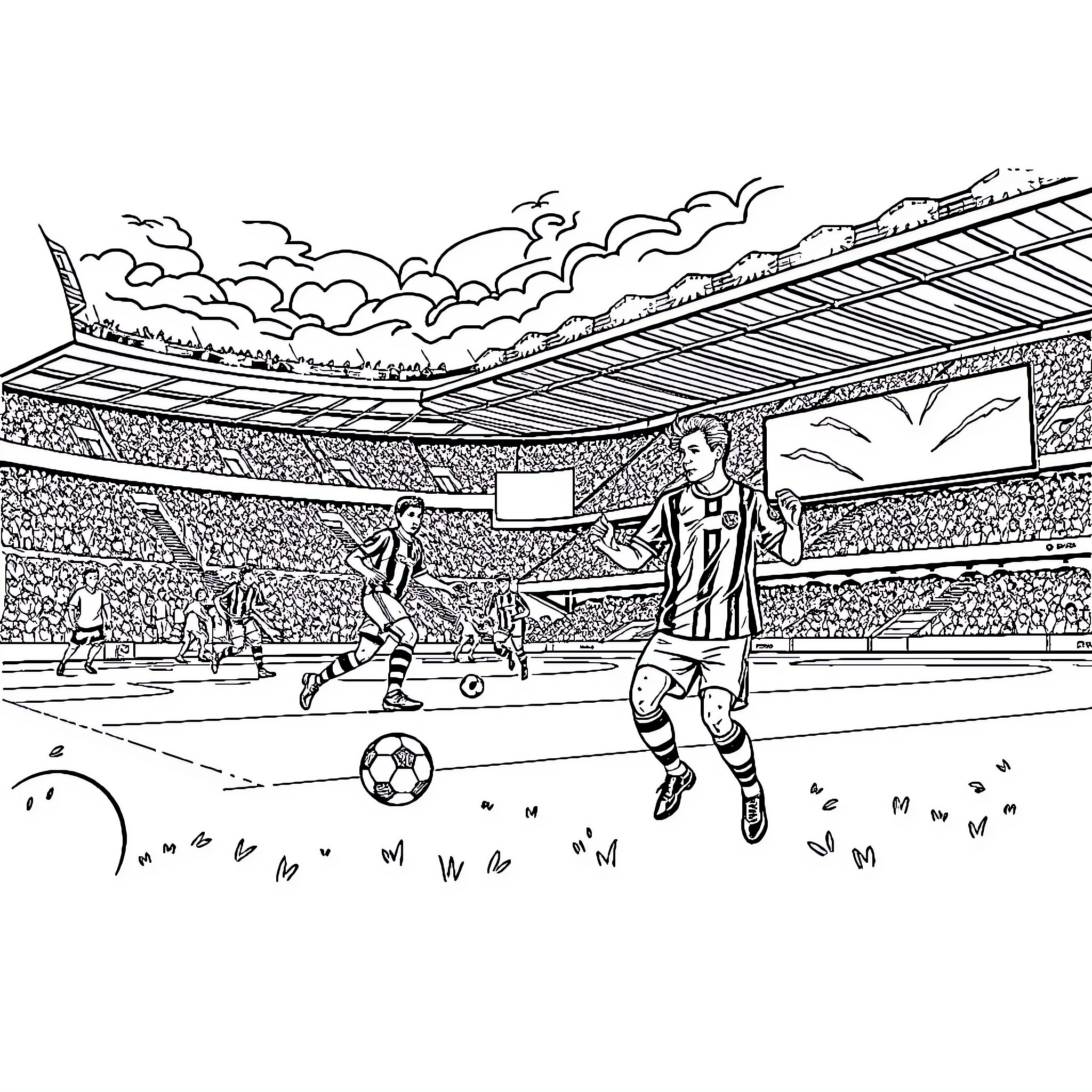 DC United Soccer Match at Packed Stadium Coloring Page (free black-and-white line drawing printable PDF for all, from beginners to advanced learners, including children, teens, adults, and seniors)