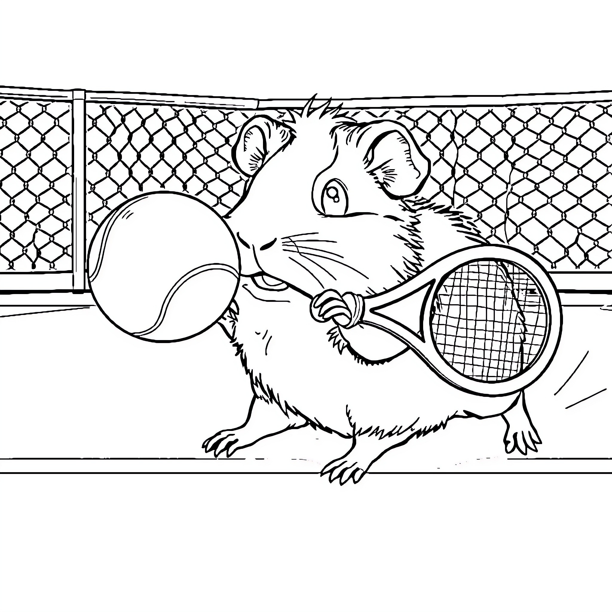 Guinea Pig playing tennis on the court Coloring Page (free black-and-white line drawing printable PDF for all, from beginners to advanced learners, including children, teens, adults, and seniors)