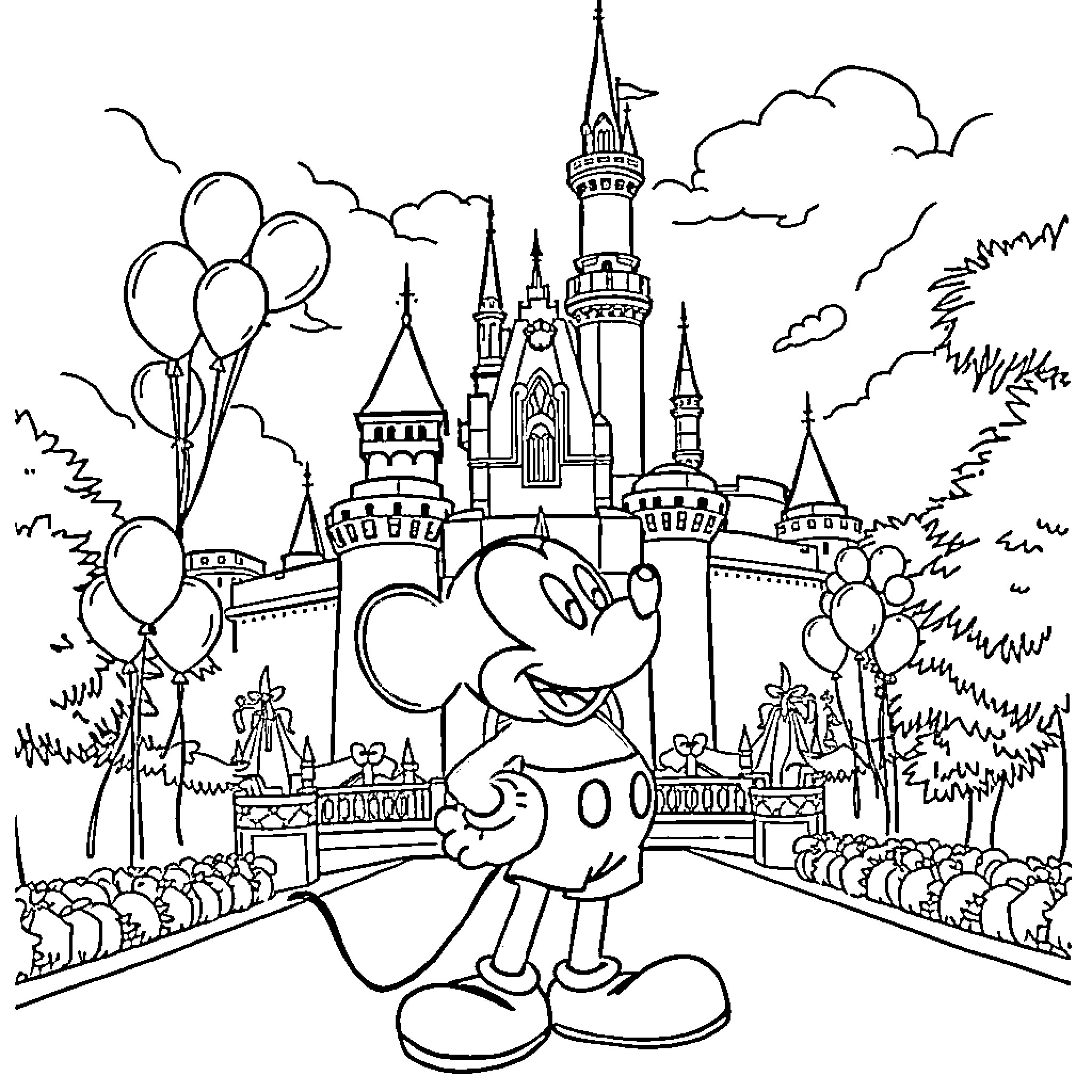 Mickey Celebrates at the Magical Kingdom Castle Coloring Page (free black-and-white line drawing printable PDF for all, from beginners to advanced learners, including children, teens, adults, and seniors)