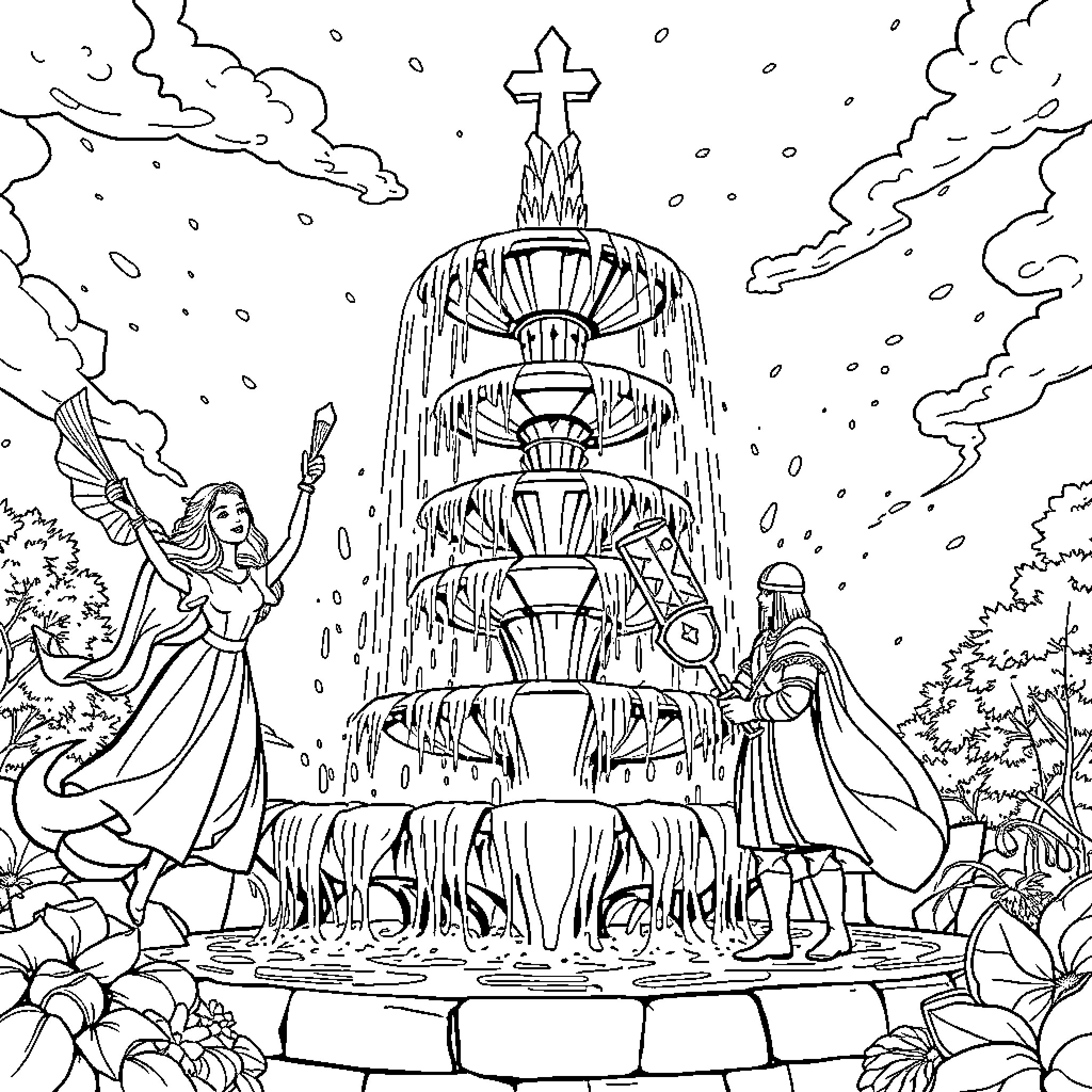 Sorceress summoning power at mystical fountain Coloring Page (free black-and-white line drawing printable PDF for all, from beginners to advanced learners, including children, teens, adults, and seniors)