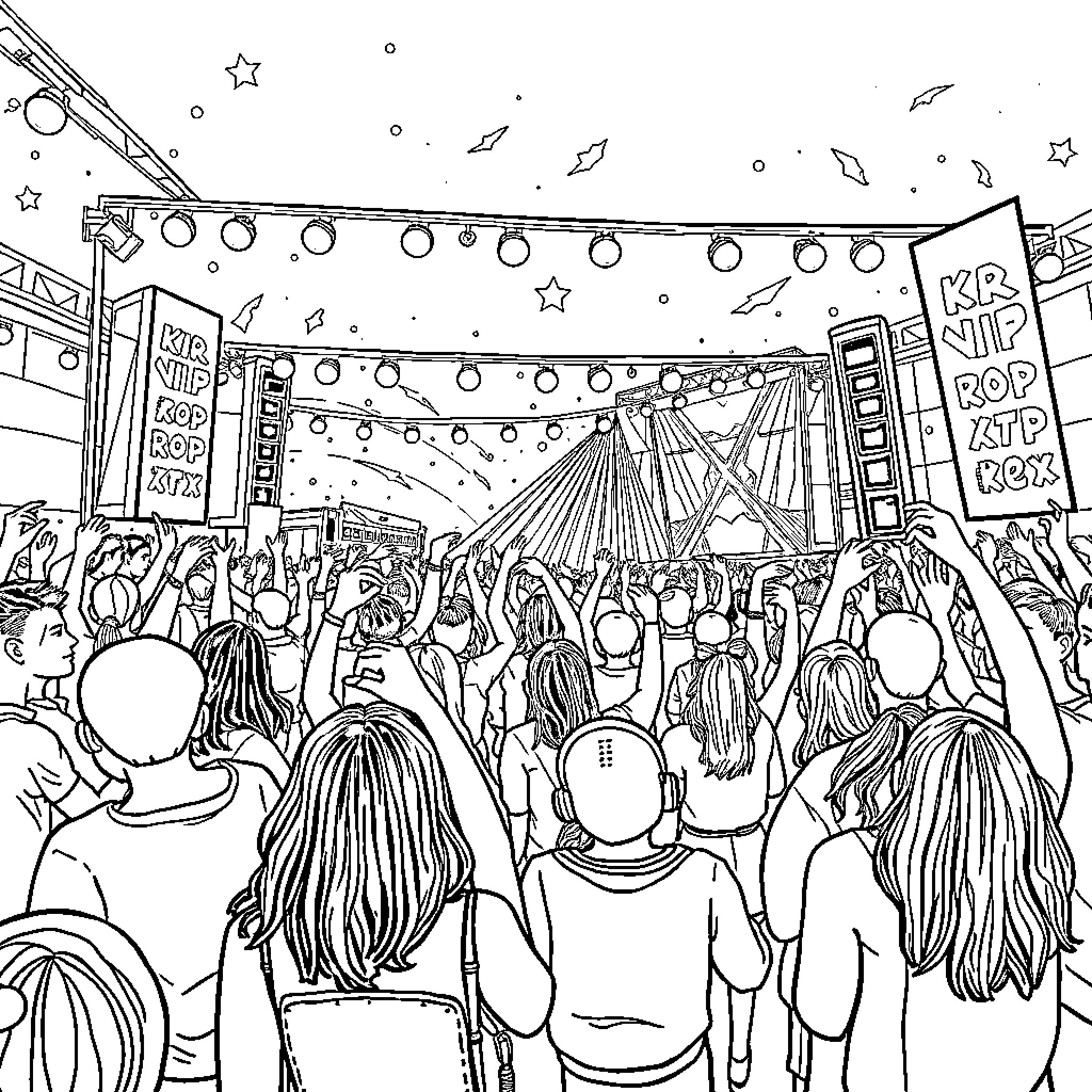 K Pop Crowd Cheering and Dancing at a Music Festival Coloring Page (free black-and-white line drawing printable PDF for all, from beginners to advanced learners, including children, teens, adults, and seniors)