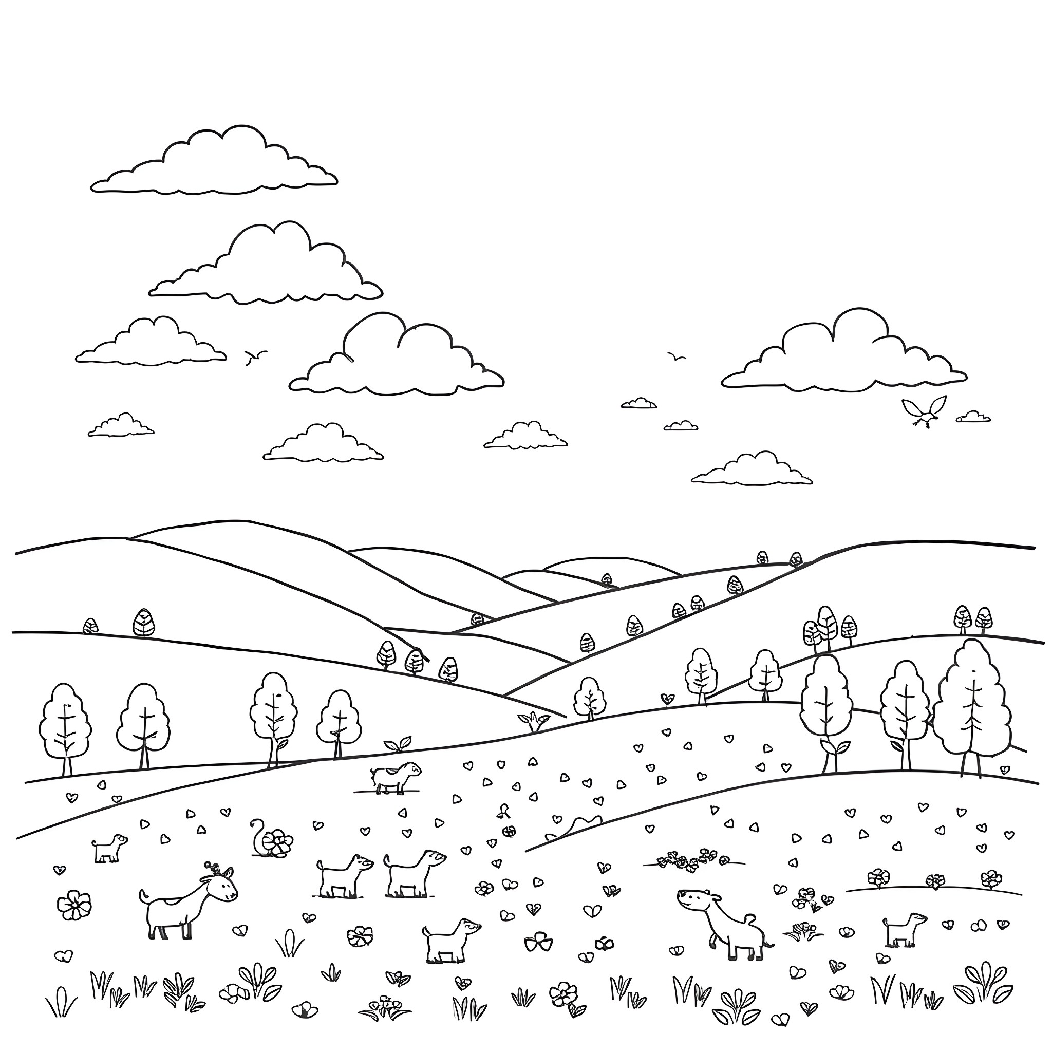 Scenery of a peaceful countryside landscape Coloring Page (free black-and-white line drawing printable PDF for all, from beginners to advanced learners, including children, teens, adults, and seniors)