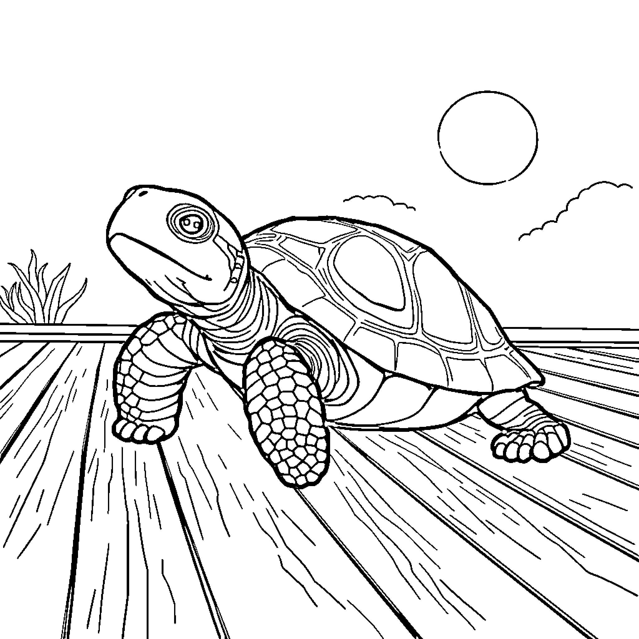 Turtle soaking up the sun on the beach Coloring Page (free black-and-white line drawing printable PDF for all, from beginners to advanced learners, including children, teens, adults, and seniors)