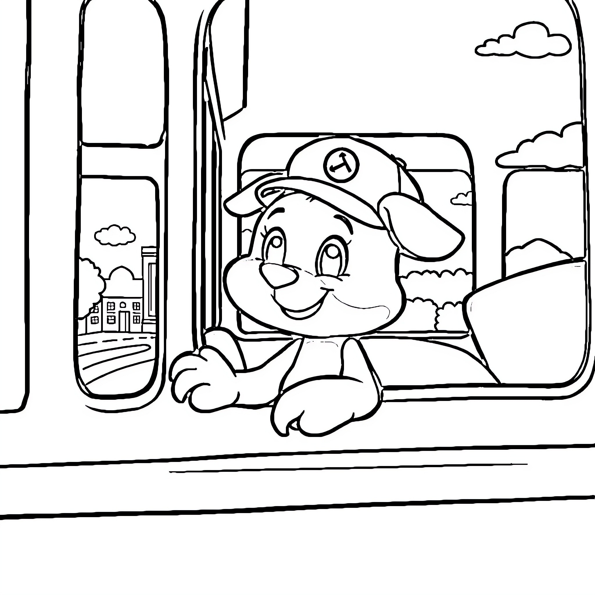 Bluey enjoying a train ride through the countryside Coloring Page (free black-and-white line drawing printable PDF for all, from beginners to advanced learners, including children, teens, adults, and seniors)