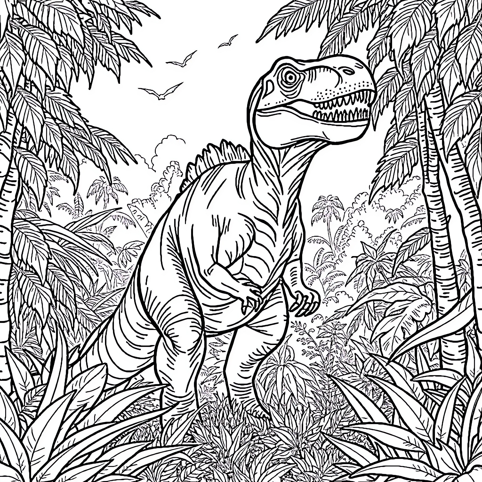 Dinosaur in Lush Prehistoric Landscape Coloring Page (free black-and-white line drawing printable PDF for all, from beginners to advanced learners, including children, teens, adults, and seniors)