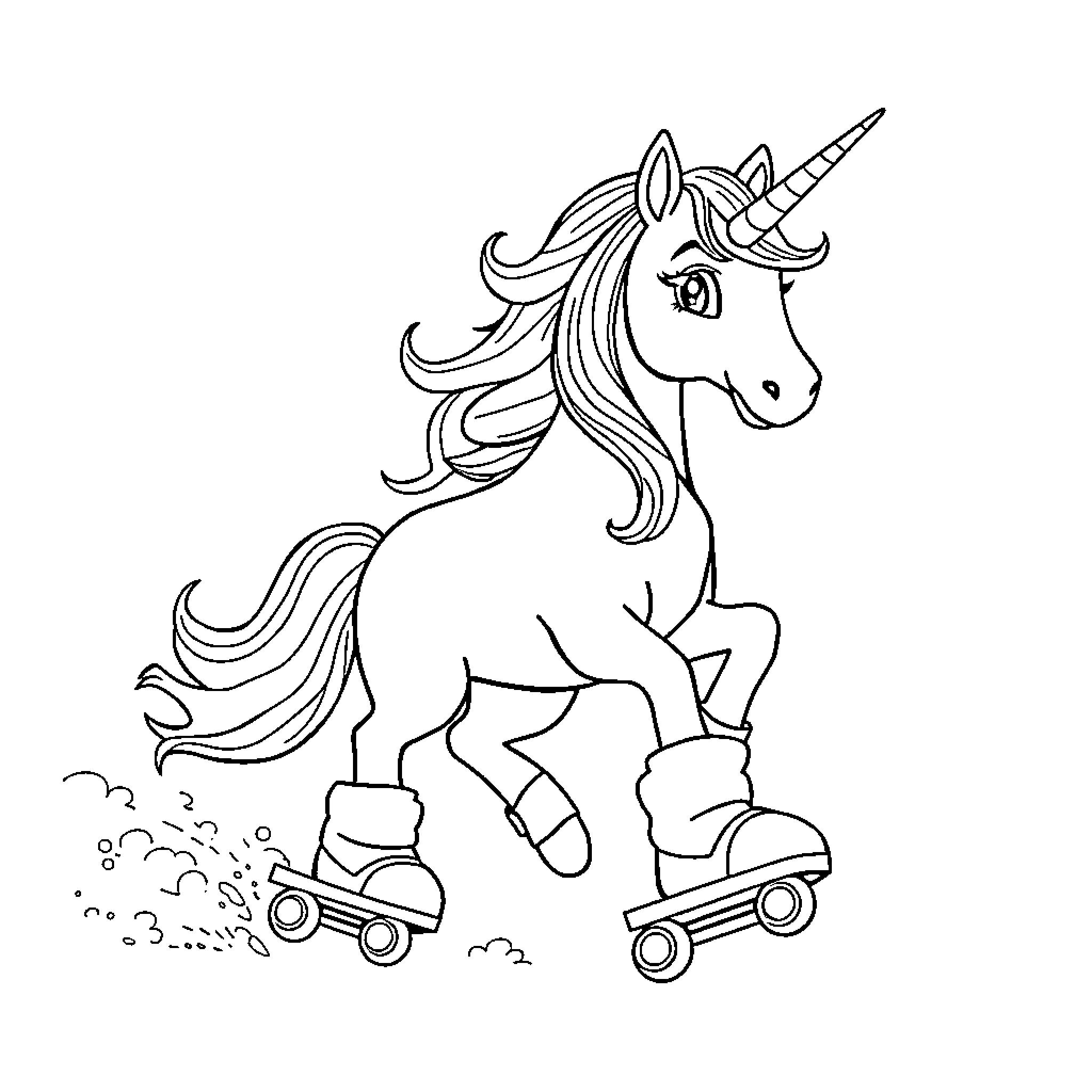 Unicorn riding roller skates happily Coloring Page (free black-and-white line drawing printable PDF for all, from beginners to advanced learners, including children, teens, adults, and seniors)