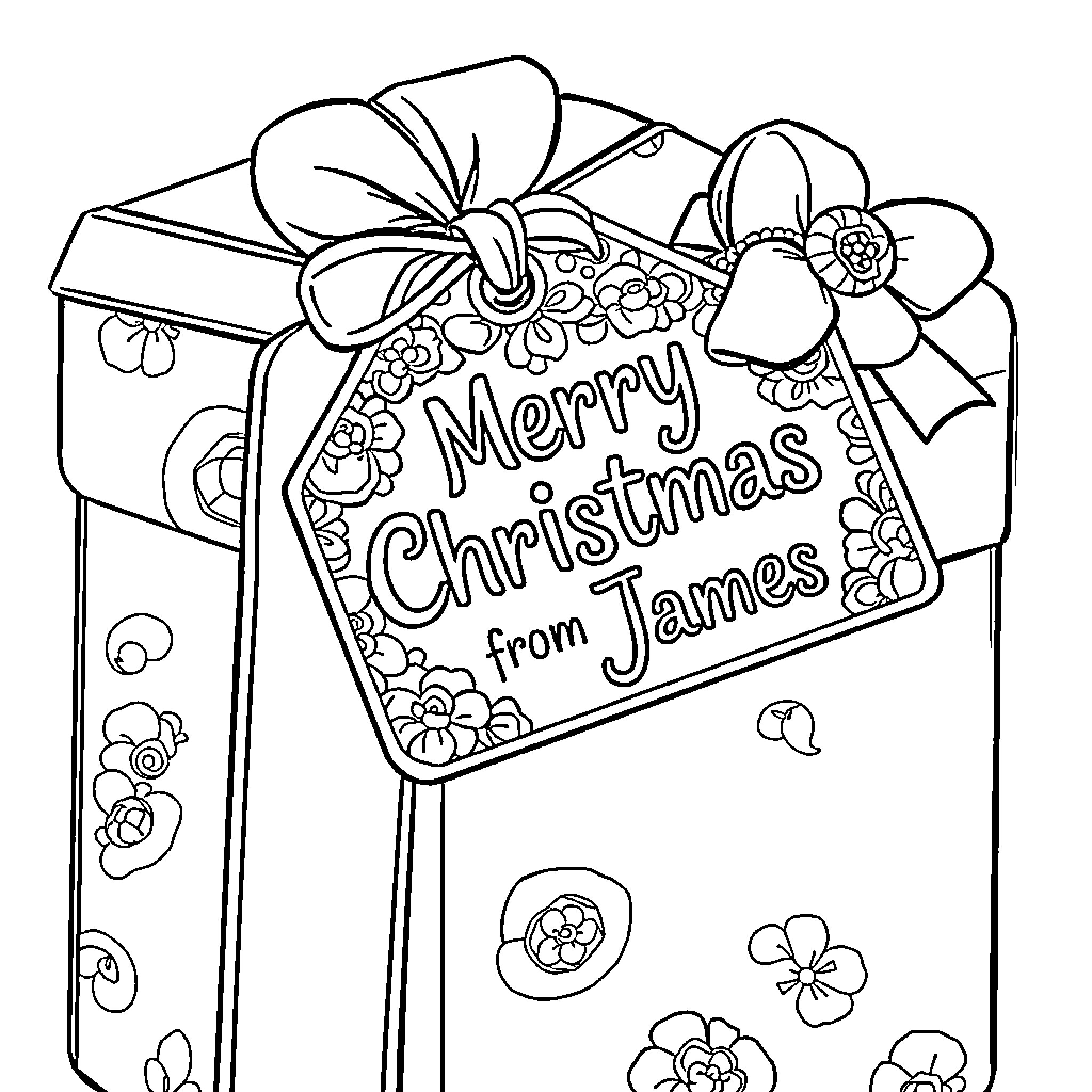 Christmas Tag with Floral Decorations and Gift Box Coloring Page (free black-and-white line drawing printable PDF for all, from beginners to advanced learners, including children, teens, adults, and seniors)
