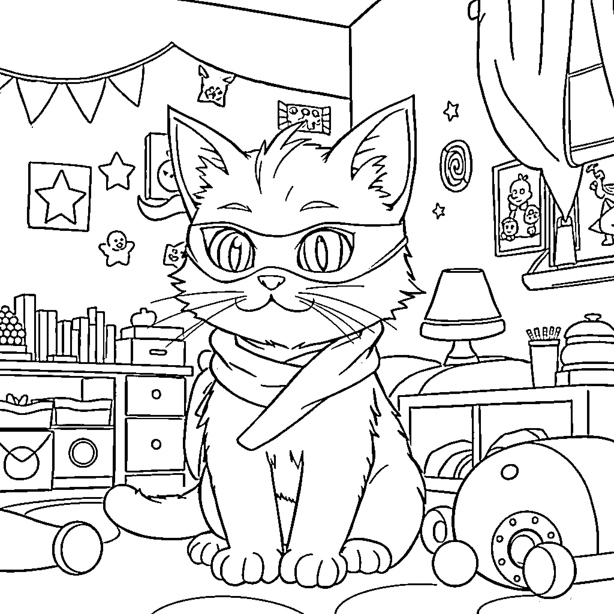 Chat with a Cheerful Feline in a Lively Room Coloring Page (free black-and-white line drawing printable PDF for all, from beginners to advanced learners, including children, teens, adults, and seniors)